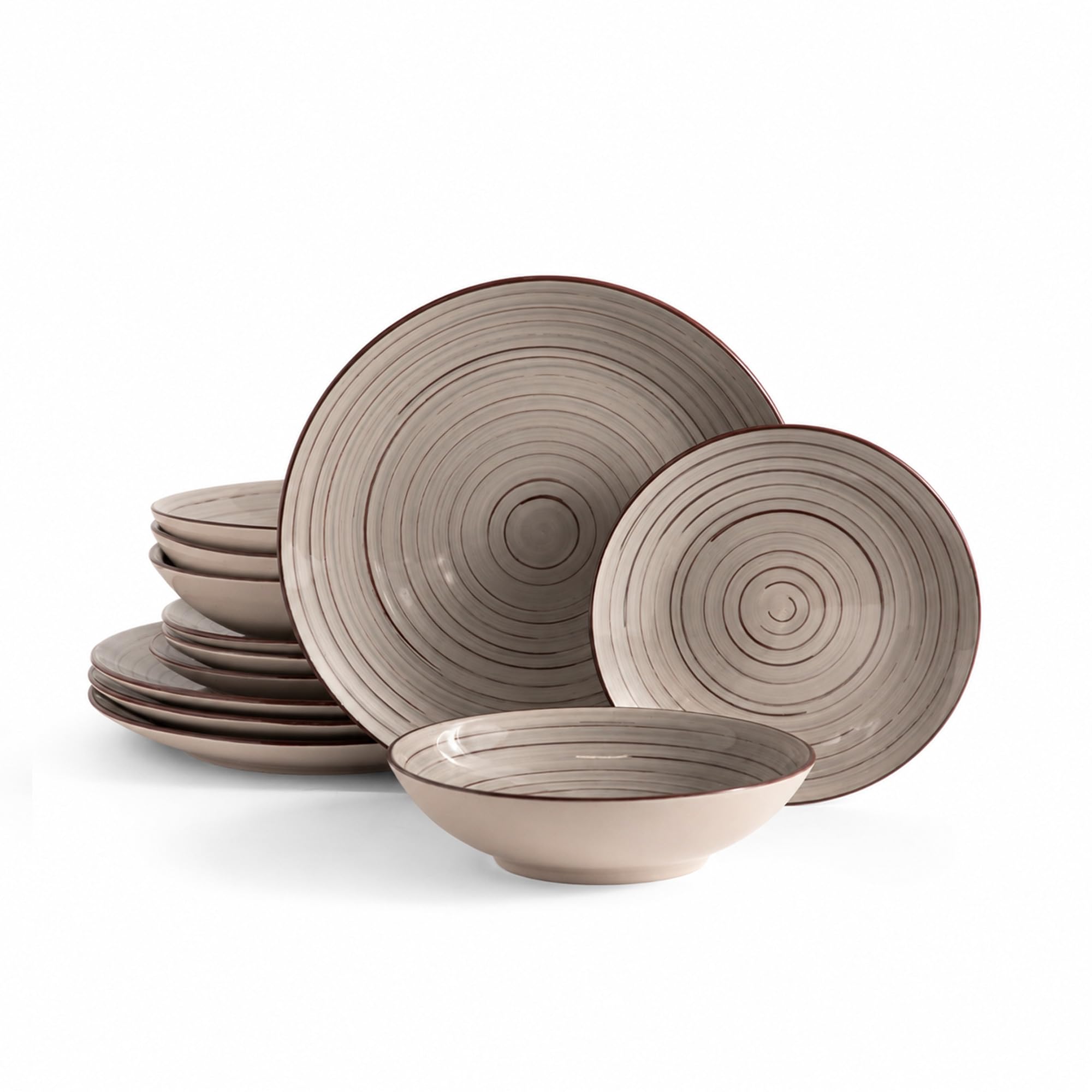 CASTEY - Vajilla Maia Terra de 12 Piezas para 4 Personas, Loza Cerámica Resistente, Incluye 4 Platos Llanos, 4 Platos Hondos y 4 Platos de Postre, Apta para Microondas y Lavavajillas, Fácil Limpieza