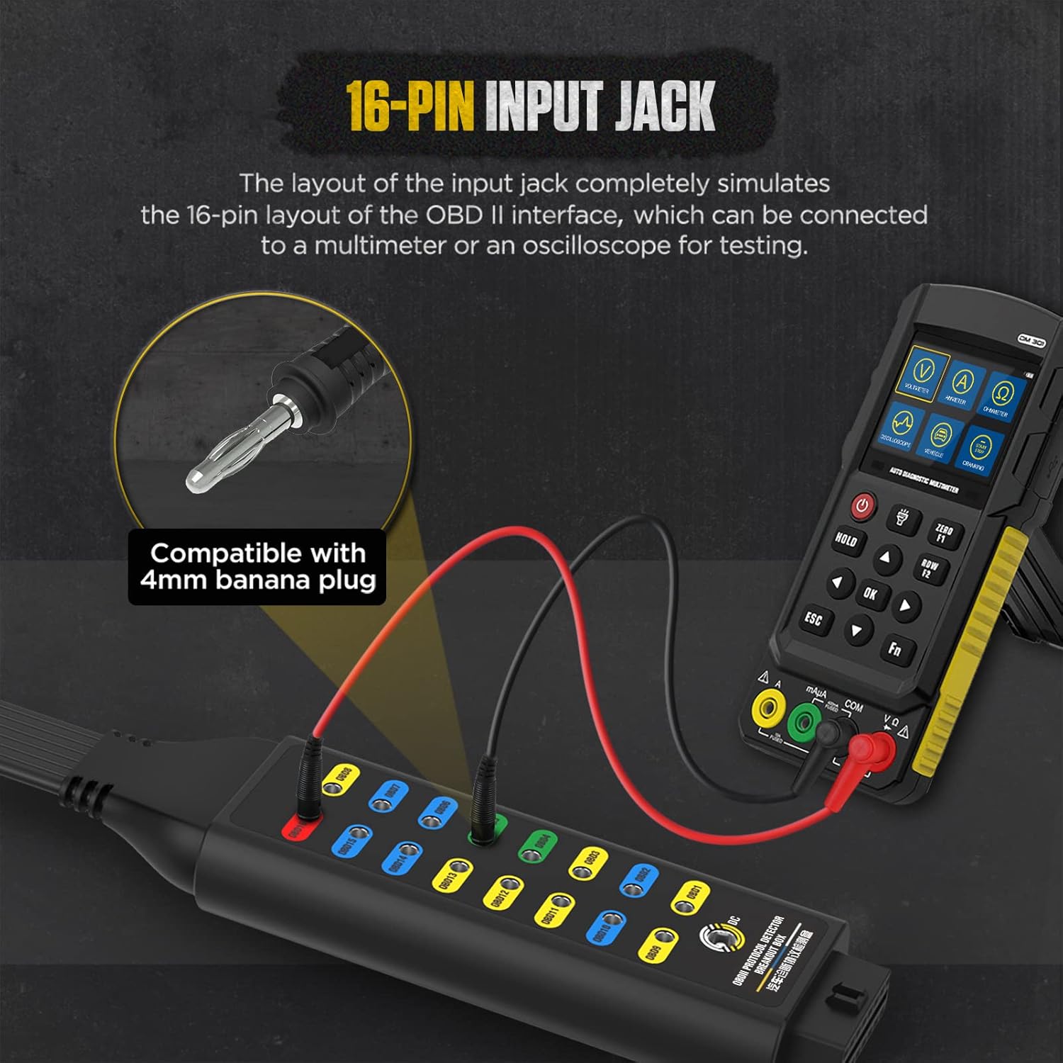 OBDII Protocol Detector Breakout Box DC8V-30V Automotive Diagnostic Test Measurement Tools 16-PIN Input Jack Code Readers Scan Tools