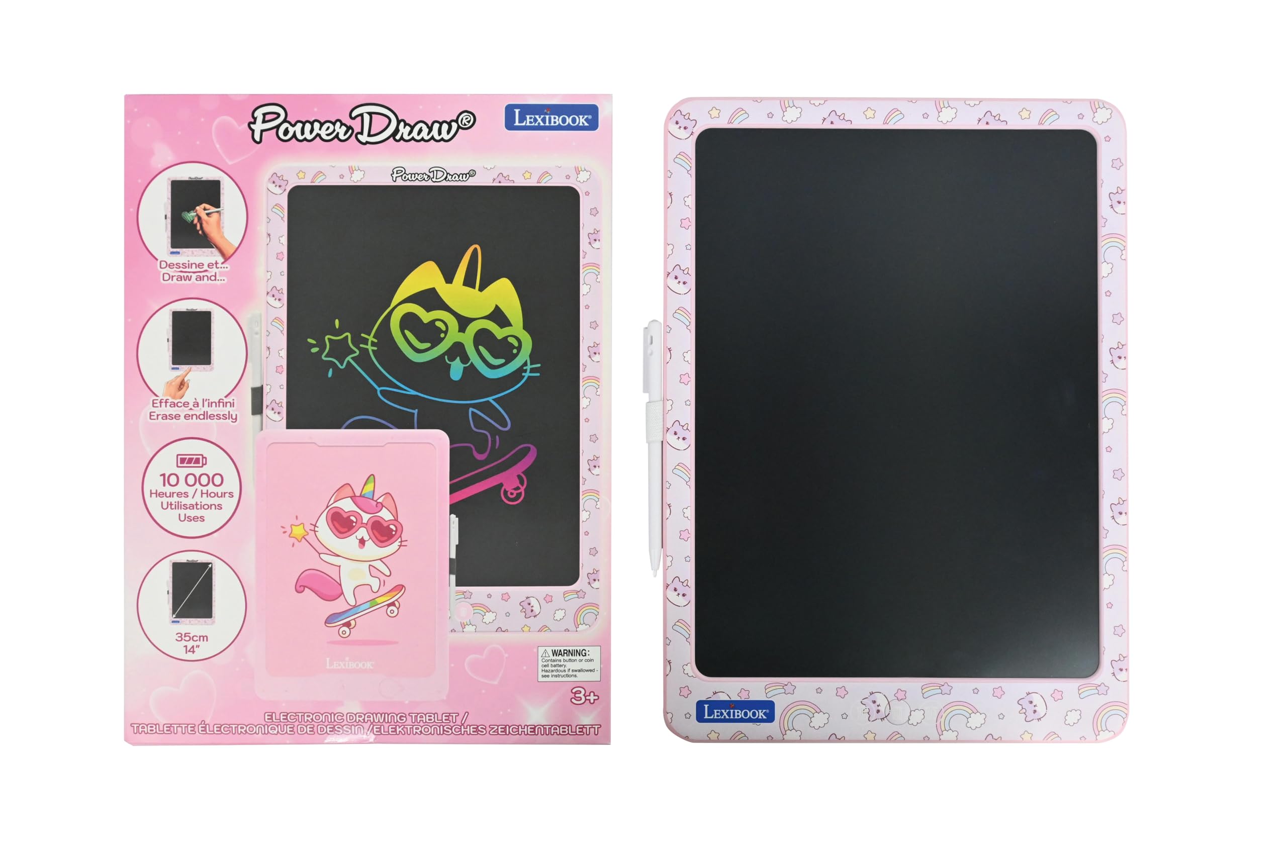 LEXIBOOK, Power Draw®, Electronic drawing slate with stylus included, Large 14’ E-Ink LCD screen, Infinite erasing, 10,000-hour battery life, Pink, CRT14G