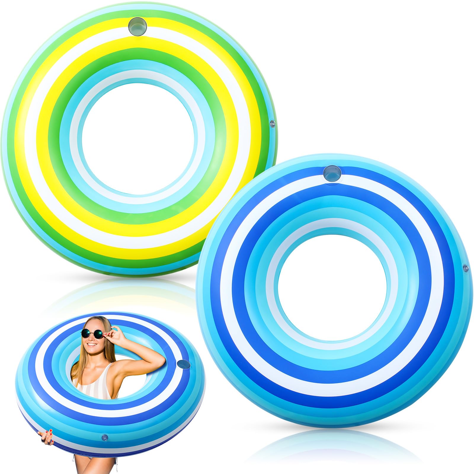 ShinyRelief 2 Pack 50'' Giant Inflatable Tube Pool Float with Cup Holder Vintage Stripe Large Pool Float Donut Adult Swim Rings Round Beach floaties