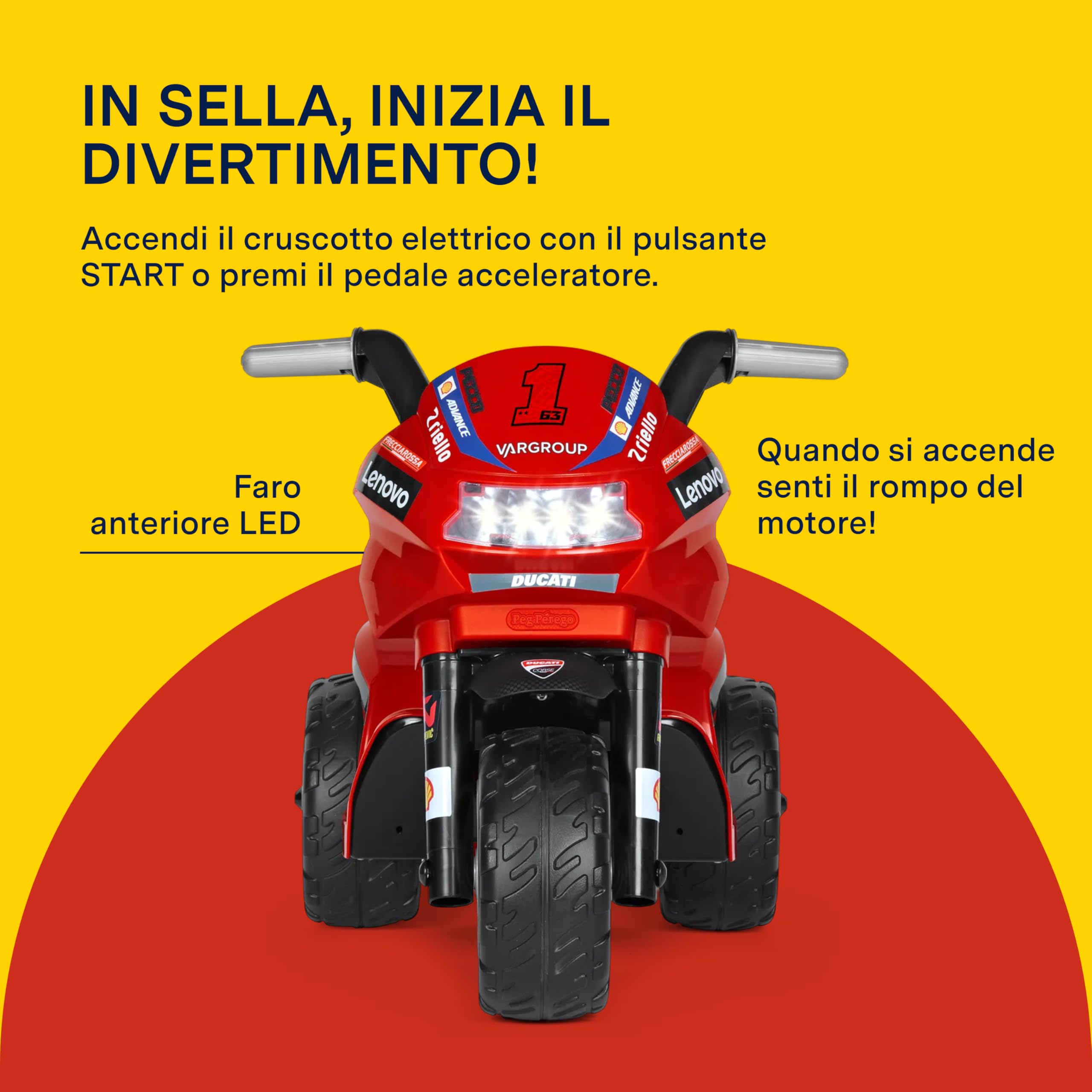 PEG Ducati Mini Evo Moto Elettrica Cavalcabile per Bambini da 1 Anno fino a 15 kg, Batteria 6 V, Autonomia 95 min, Velocità 2,7 km/h, Luci e Suoni