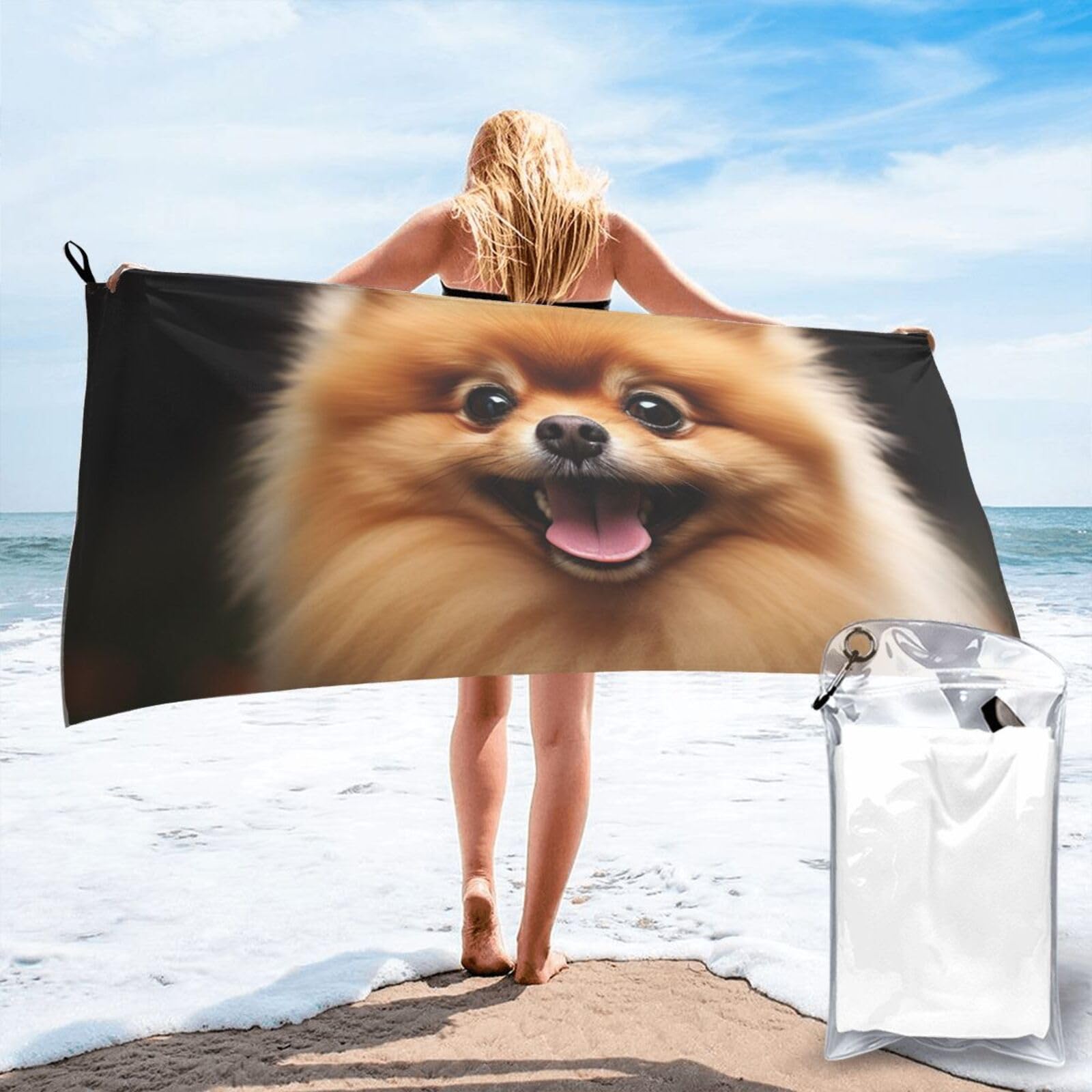 DWVTSLH Microfiber Sand Free Beach Towel 27.5"x55", Quick Dry Absorbent Travel Towel Large Camping Blanket, Pomeranian Bath Towels Lightweight Pool Swim Towels for Vacation Essentials