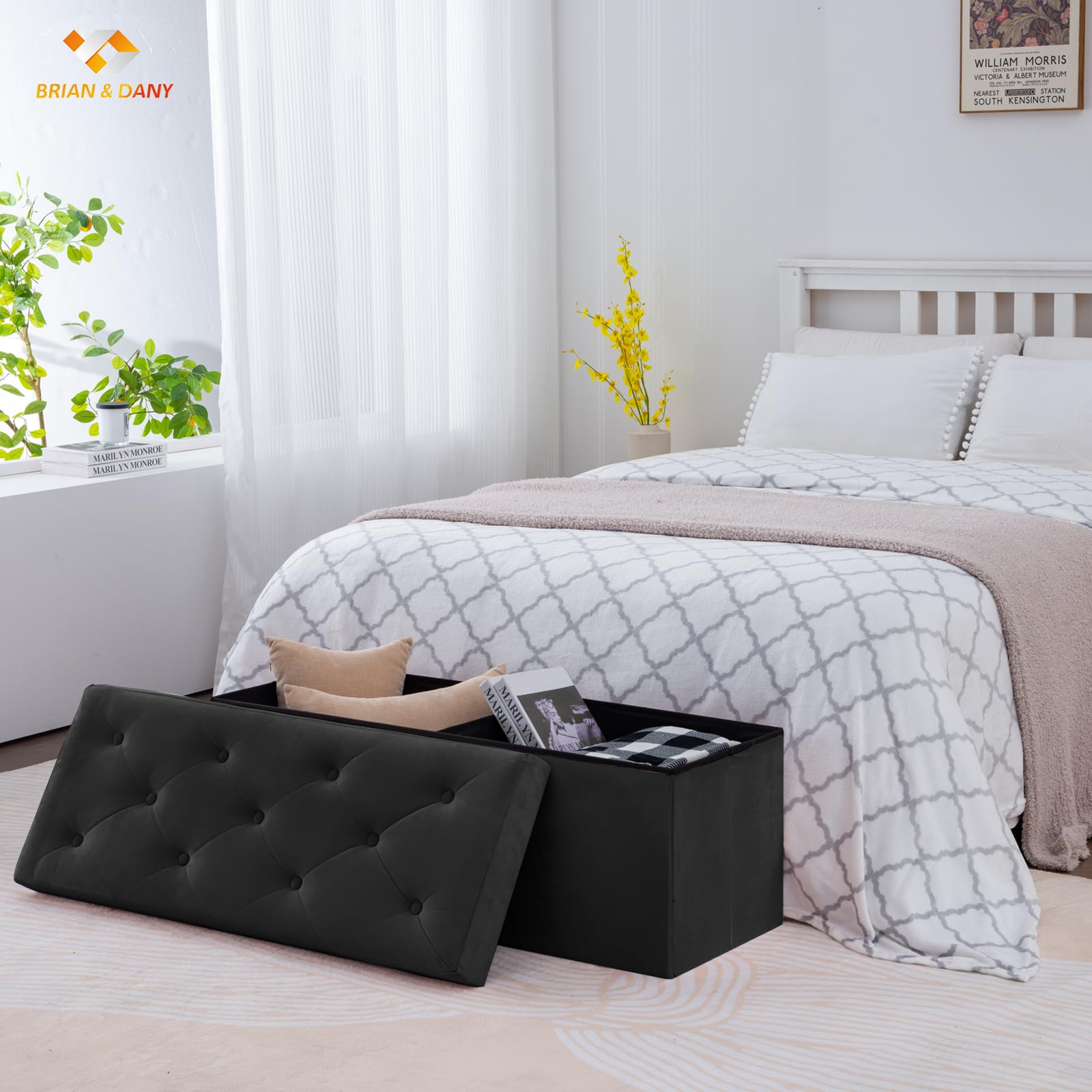 BRIAN & DANY Pouf Rangement Pliable 110x 40x 40cm, Coffre de Rangement Repose Pieds et Bout de Lit, Banc Coffre en Velours avec Couvercle, Tabouret pour Salon Chambre Entrée, Noir