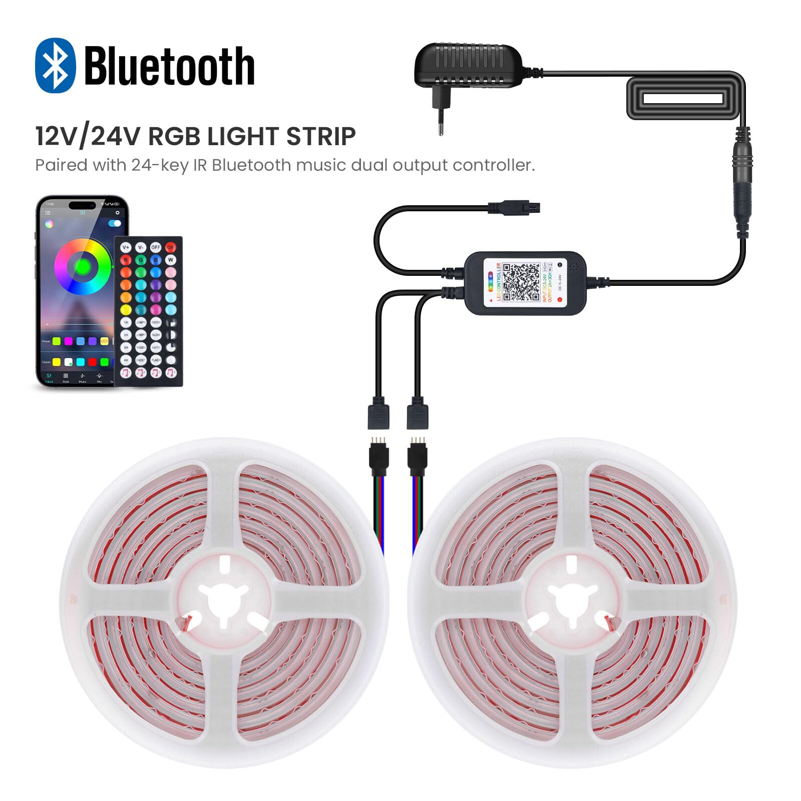 12V RGB COB LED Streifen, Wasserdicht IP68 576 LEDs/m 16 color Dimmbar Selbstklebend Bandlicht mit 44 Tasten IR Bluetooth Musik RGB Controller für Küche Wohnzimmer Heim Garten im Freien Deko