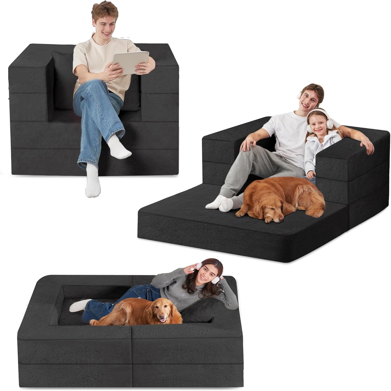 Giant Human Dog Bed, 3-in-1 Human Sized Dog Bed with Washable Faux Fur Cover, Foldable Large Human Pet Bed with Pillow in Bedroom, Living Room