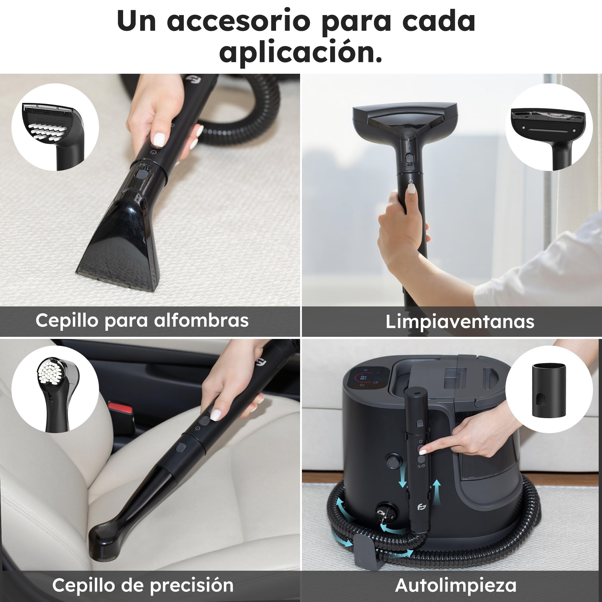 Saaf Limpiador de Manchas – Set de 7 Piezas – Función Vapor hasta 100°C – Alfombras y Sofás – Motor Potente 1700W – Incluye Cepillo Alfombra, Cepillo Precisión & Limpiacristales – Negro