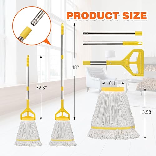 Miniatura 3 de Trapeador húmedo industrial resistente con mango largo de 48 pulgadas, mopas comerciales húmedas de algodón para limpieza de pisos, hogar, cocina,