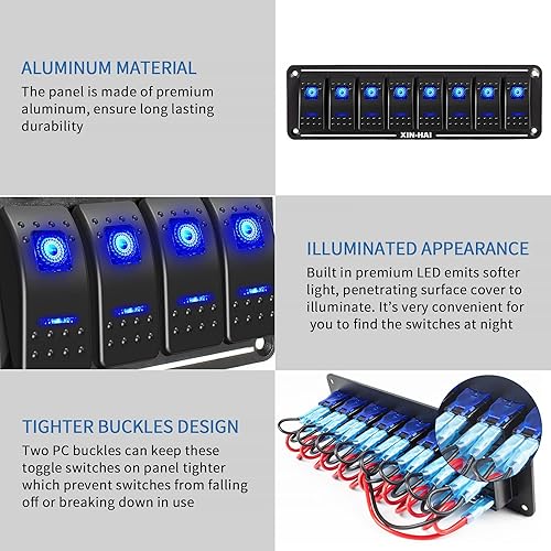 Vista 75 de Panel de interruptor basculante de aluminio de 8 bandas, panel de interruptor de 12 V/24 V, 3 pines de encendido/apagado, panel de interruptor