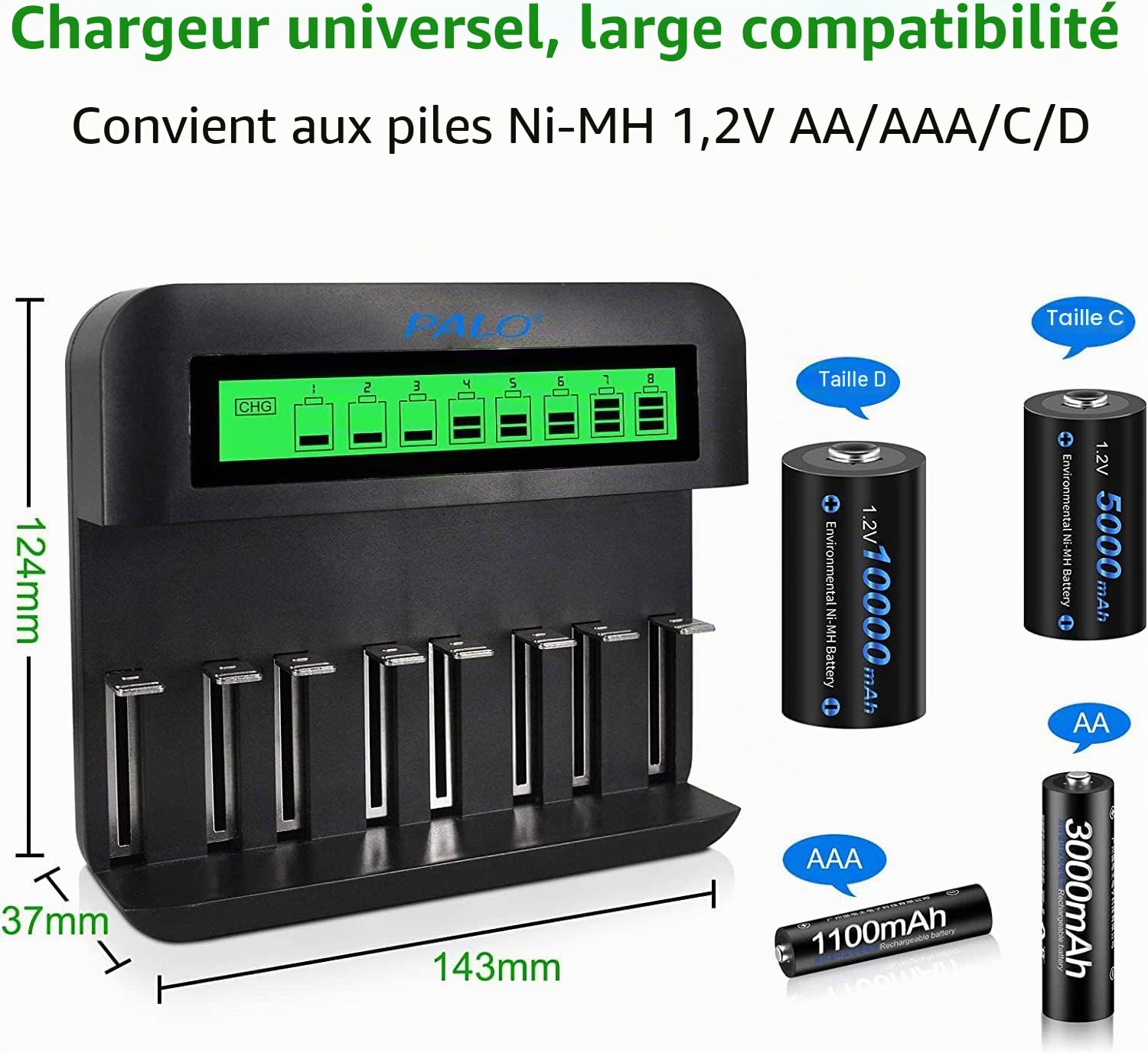 CITYORK Chargeur Universel LCD, pour Batteries 8 AA/AAA ou 4 C/D, Canal de Charge indépendant Via Chargeur Rapide - avec 4 Piles D 8000mAh NI-MH