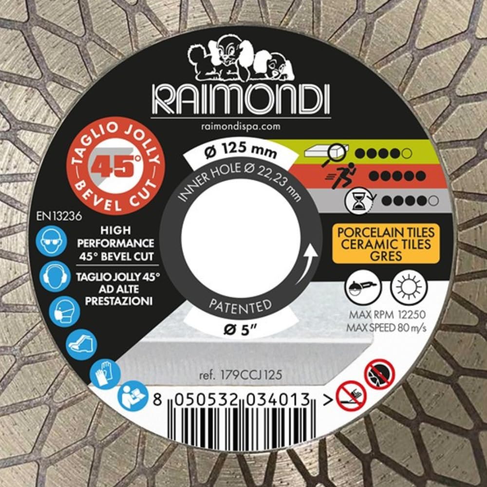 RAIMONDI Disco Diamantato Diametro 125 MM Taglio Jolly 45° F22,2 MM Smussatura Marmo Gres Porcellanato Vetro Granito
