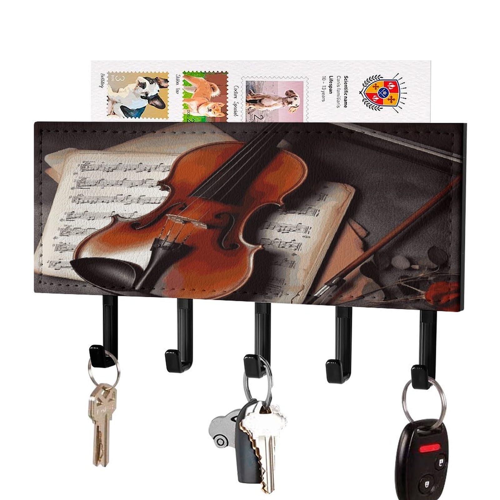 LDGSUPH Violin Sheet Music_78030672 Key Holder Wall Mount Key Hanger with 5 Hooks Fashion Key Organizer Rack Hanging Key Hooks with Mail Organizer Key Rack for Home Entryway Hallway Black-Style