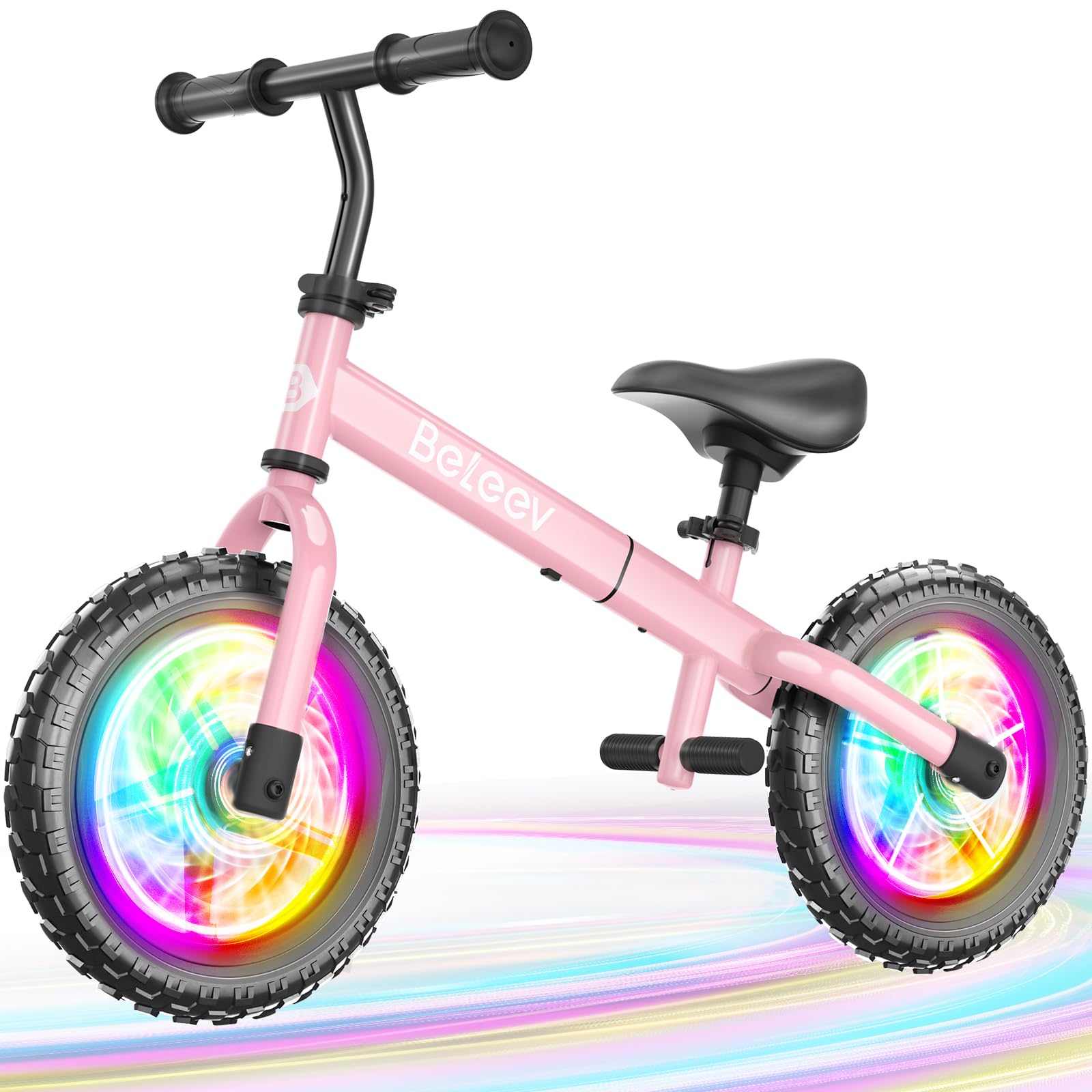 BELEEV C2 Toddler Balance Bike for 2-5 Year Olds with LED Light-Up Wheels, Adjustable Seat & Handlebar & Footrest, 12 inch No-Pedal Training Kids Push Bicycle - Birthday Gift for Boys & Girls (Pink)