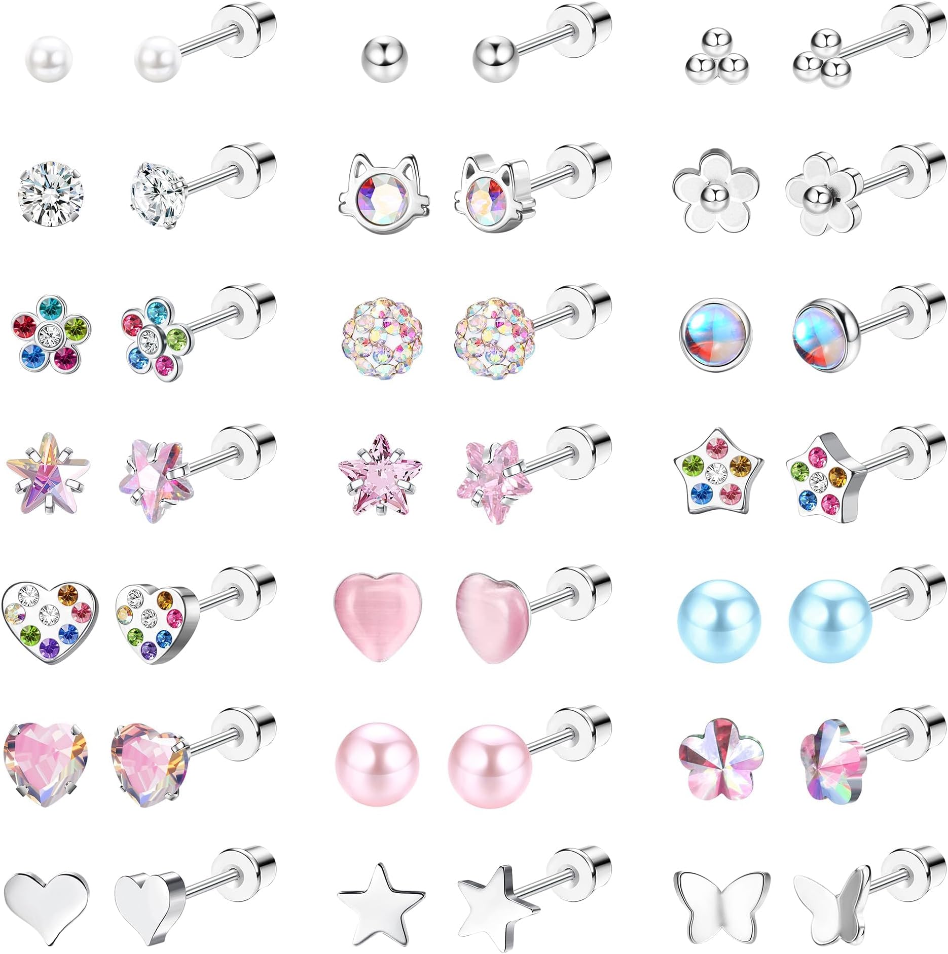 FIOROYAL21Pairs Small Stud Earrings Set for Girls Women Hypoallergenic Stainless Steel Screw Back Earrings Multicolored Cute CZ Heart Pearl Cat Flower Pearl Butterfly Flat Back Kids Earrings