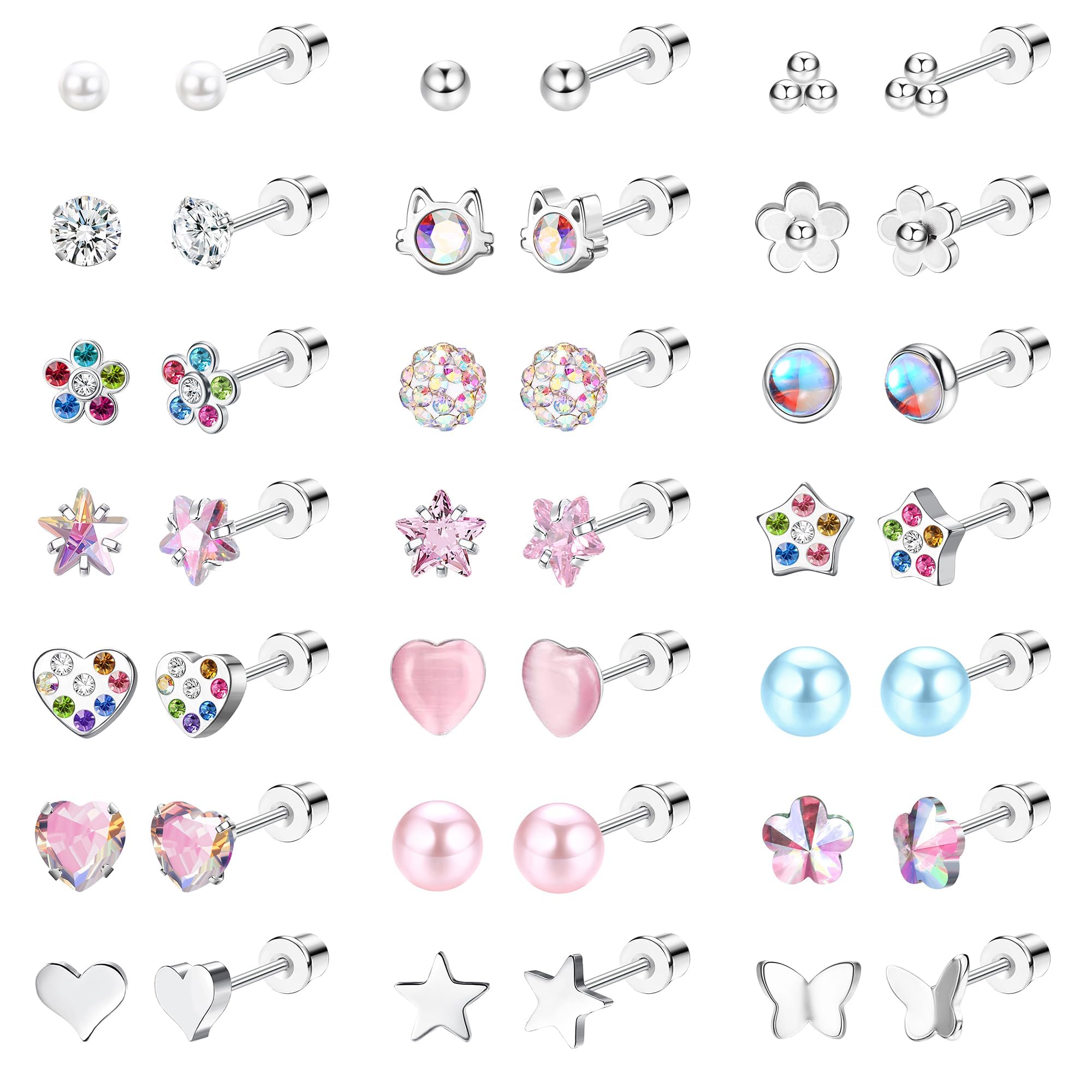 FIOROYAL21Pairs Small Stud Earrings Set for Girls Women Hypoallergenic Stainless Steel Screw Back Earrings Multicolored Cute CZ Heart Pearl Cat Flower Pearl Butterfly Flat Back Kids Earrings