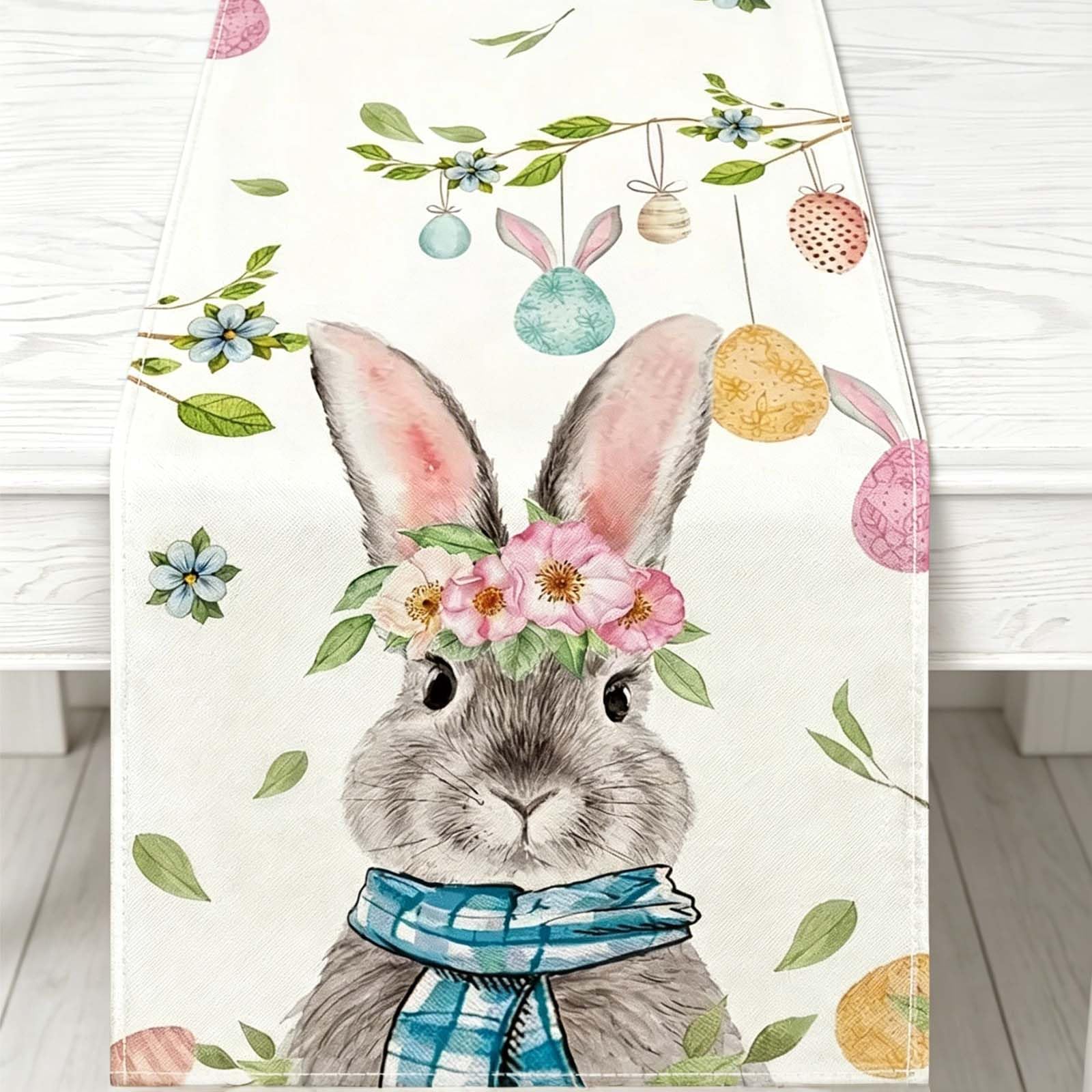 Zirax Bunny Table Runner, 33 X 183Cm Rustic Farmhouse Style Bunny Egg Flower Hessian Print Tablecloth For Spring Holiday Kitchen Dining, Pastoral Party Decorations