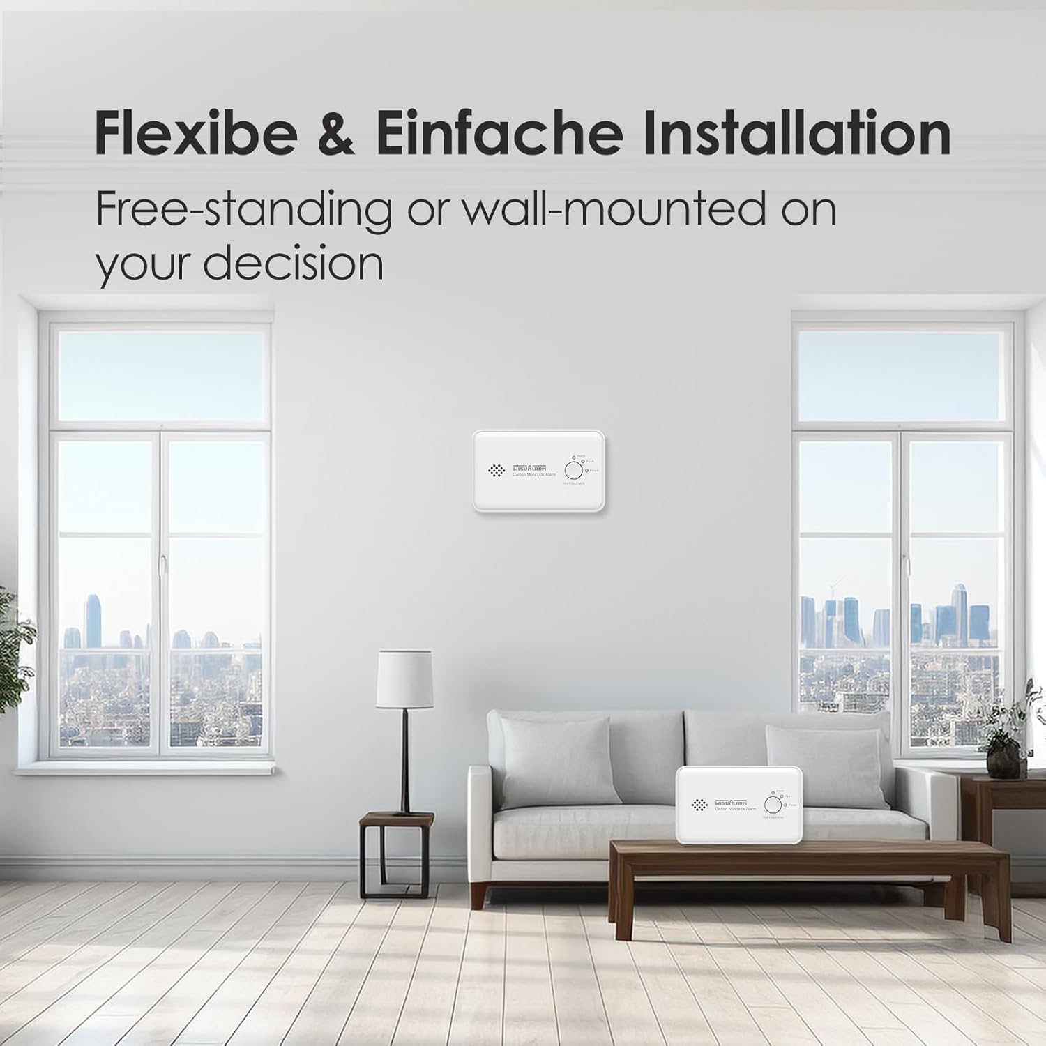 Two WISUALARM Carbon Monoxide Detectors in a living room, one free-standing on a coffee table and another wall-mounted, demonstrating flexible installation options.