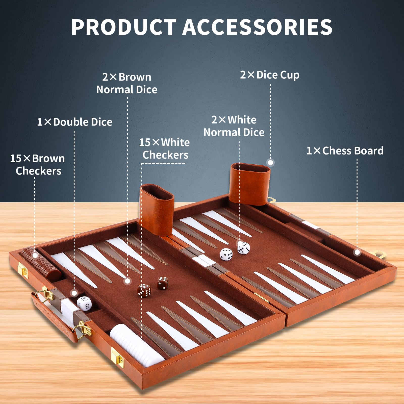 Vehipa 38cm Backgammon Koffer mit komplettem Zubehör für 2 Spieler (Braun) | Kunstleder Mit Tragegriff, Samtiges Innenfutter Geräuscharm, Becher, Spielsteine Und Würfel, Für Erwachsene