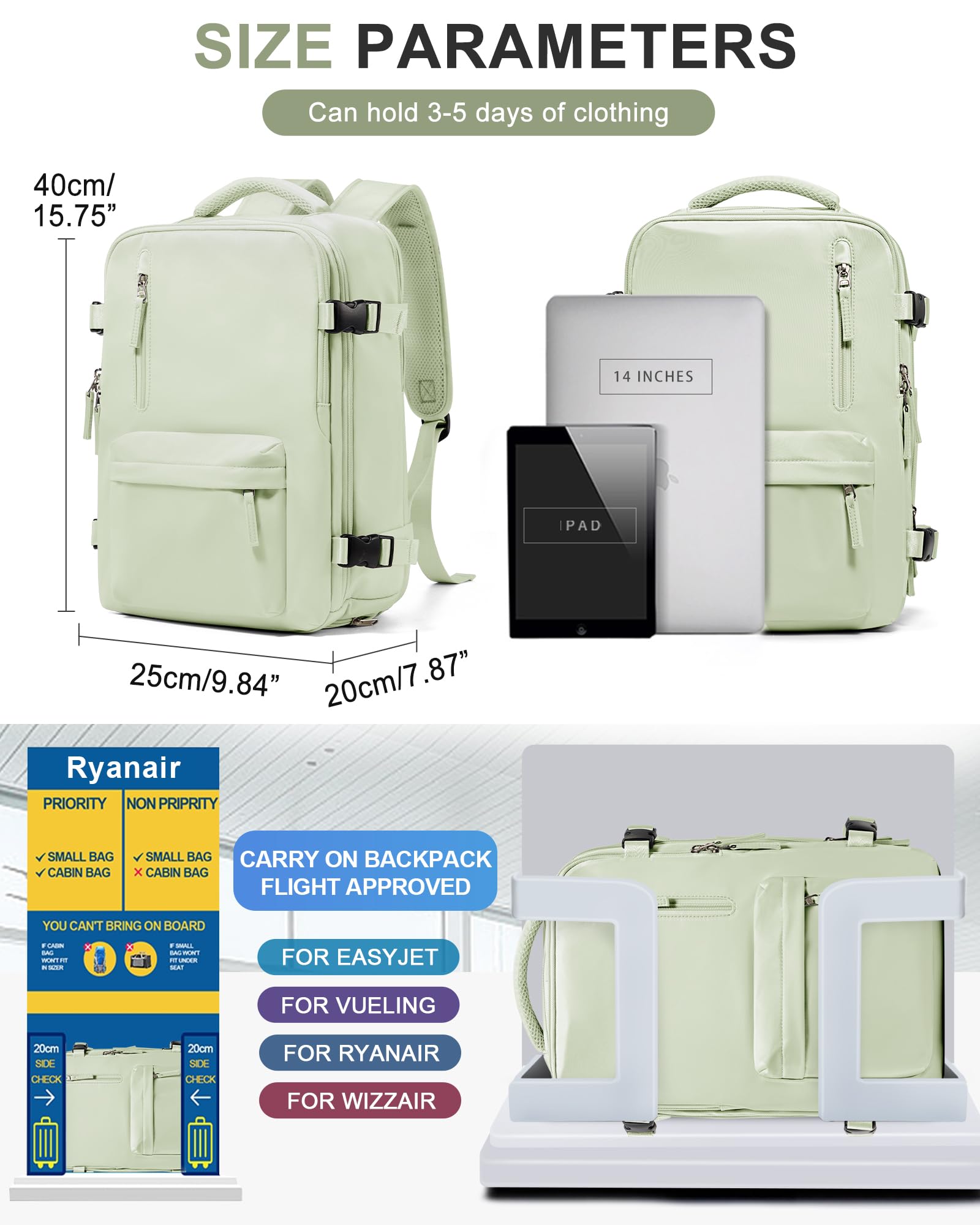 BJLFS Borse da Cabina per Ryanair 40×20×25 Bagaglio a Mano Easyjet 45×36×20 Borsa Zaino da Viaggio, Zaino da trekking,Zaino Casual per laptop da 14 pollici per scuola