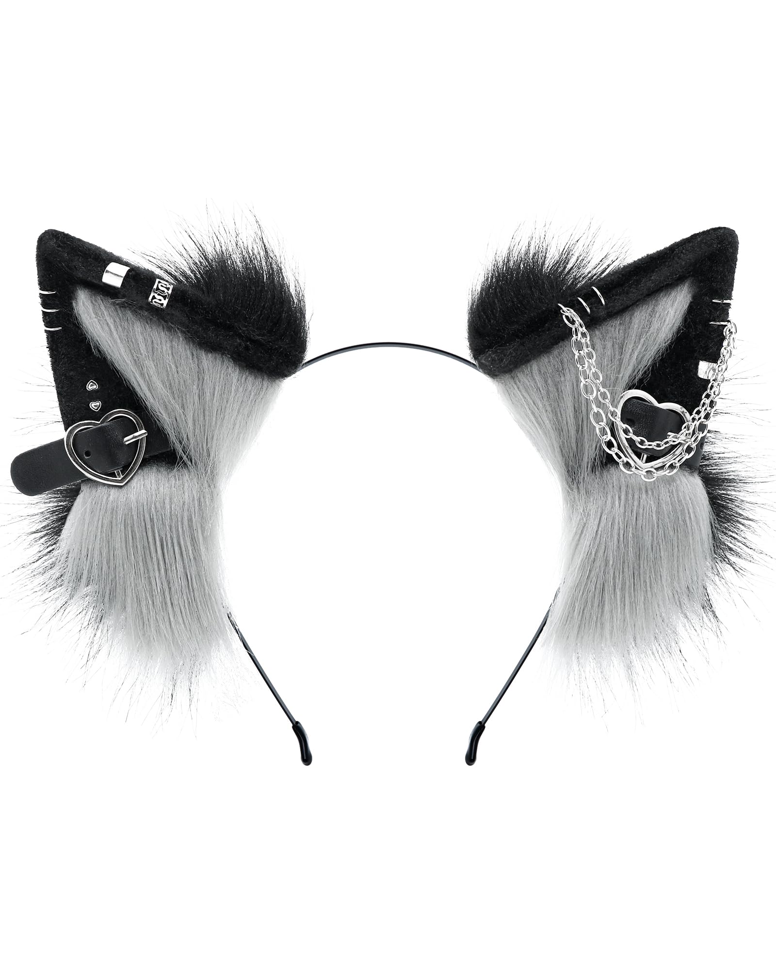 ZFKJERS Handmade Faux Fur Cat Ear Headband with Charms Cosplay Accessory for Halloween (Grey Black)