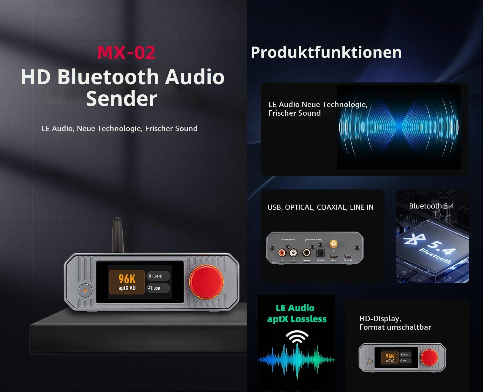 xDuoo MX-02 HD Bluetooth 5.4 Audio-Sender – LE Audio und aptX Lossless für extrem niedrige Latenz, Bluetooth-Dongle für PC/TV/CD-Player/PS5, kabelloser Lossless-Sender für Lautsprecher/Kopfhörer