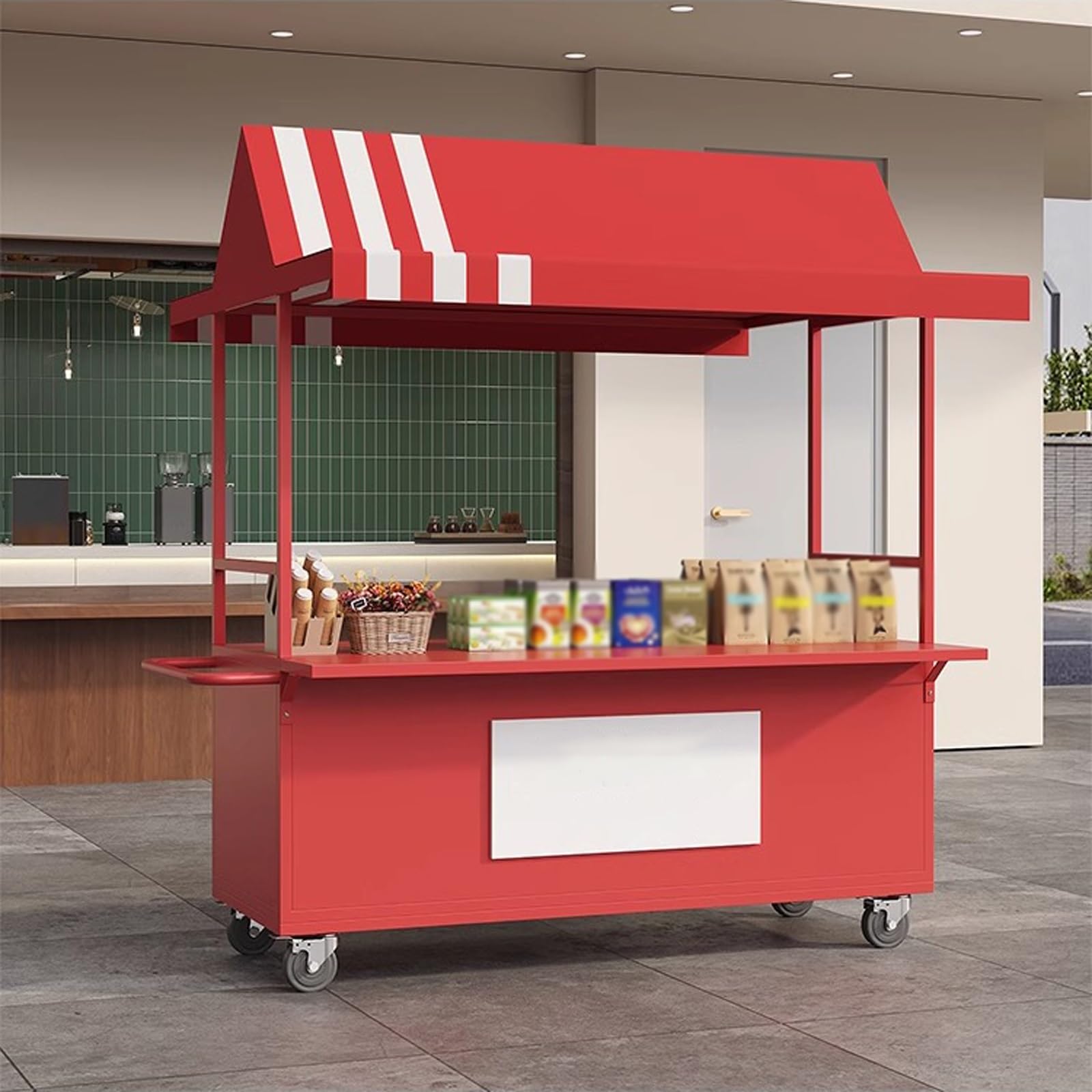 Mobile Cart with Wheels Selling Food, Vending Iron Cart with Canopy, Customizable Logo, for Street Food, Handicrafts, Snacks(Red)