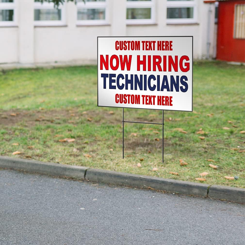 Fastasticdeals Custom Weatherproof Yard Sign Employee Recruiting Now Hiring Technicians Red Blue Lawn Garden 18x12 Inches 1 Side Print Personalized Text Here