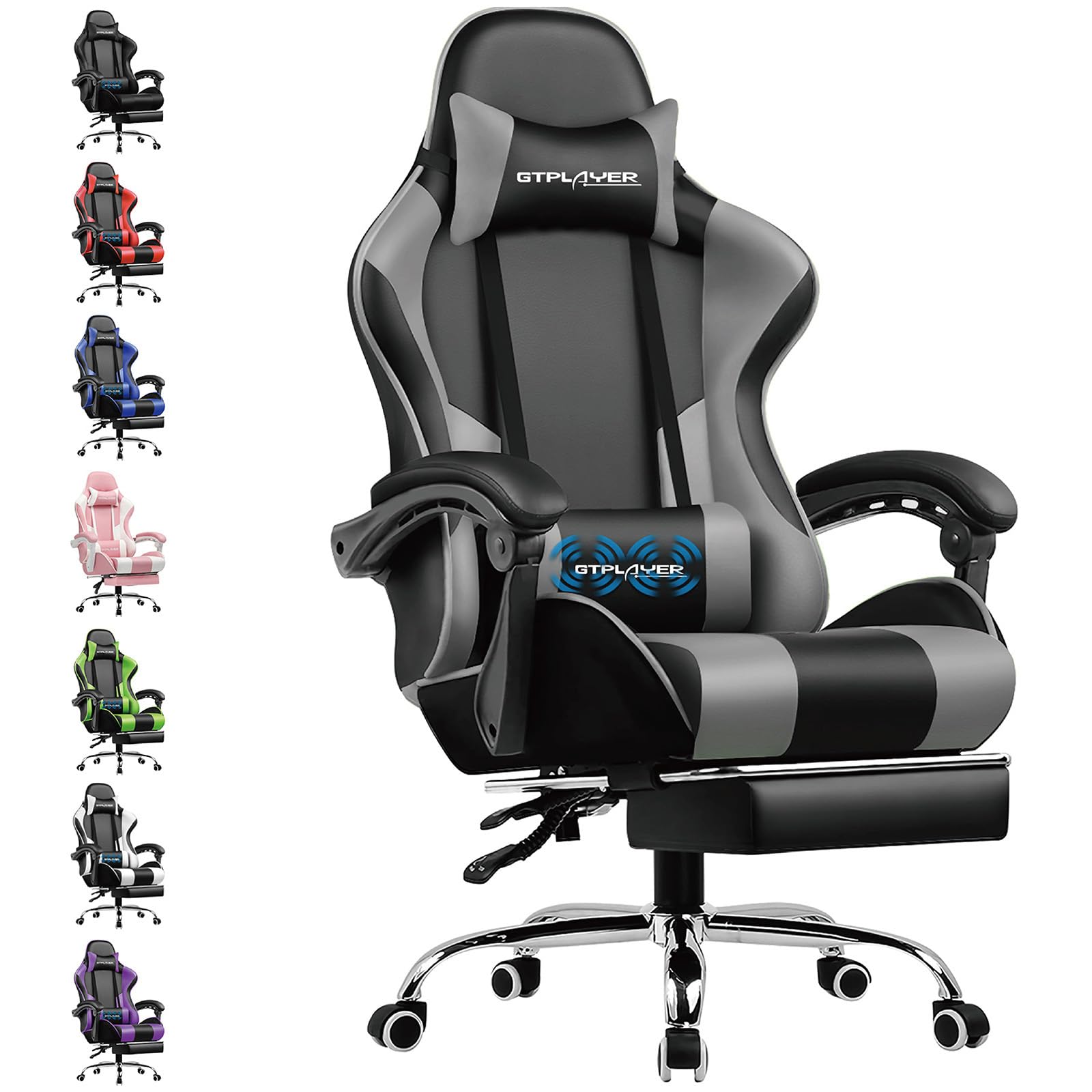 GTPLAYER Bürostuhl Gaming Stuhl Massage Gaming Sessel Ergonomischer Gamer Stuhl mit Fußstütze, Gepolstert Gaming Chair, Drehsessel 150KG, grau