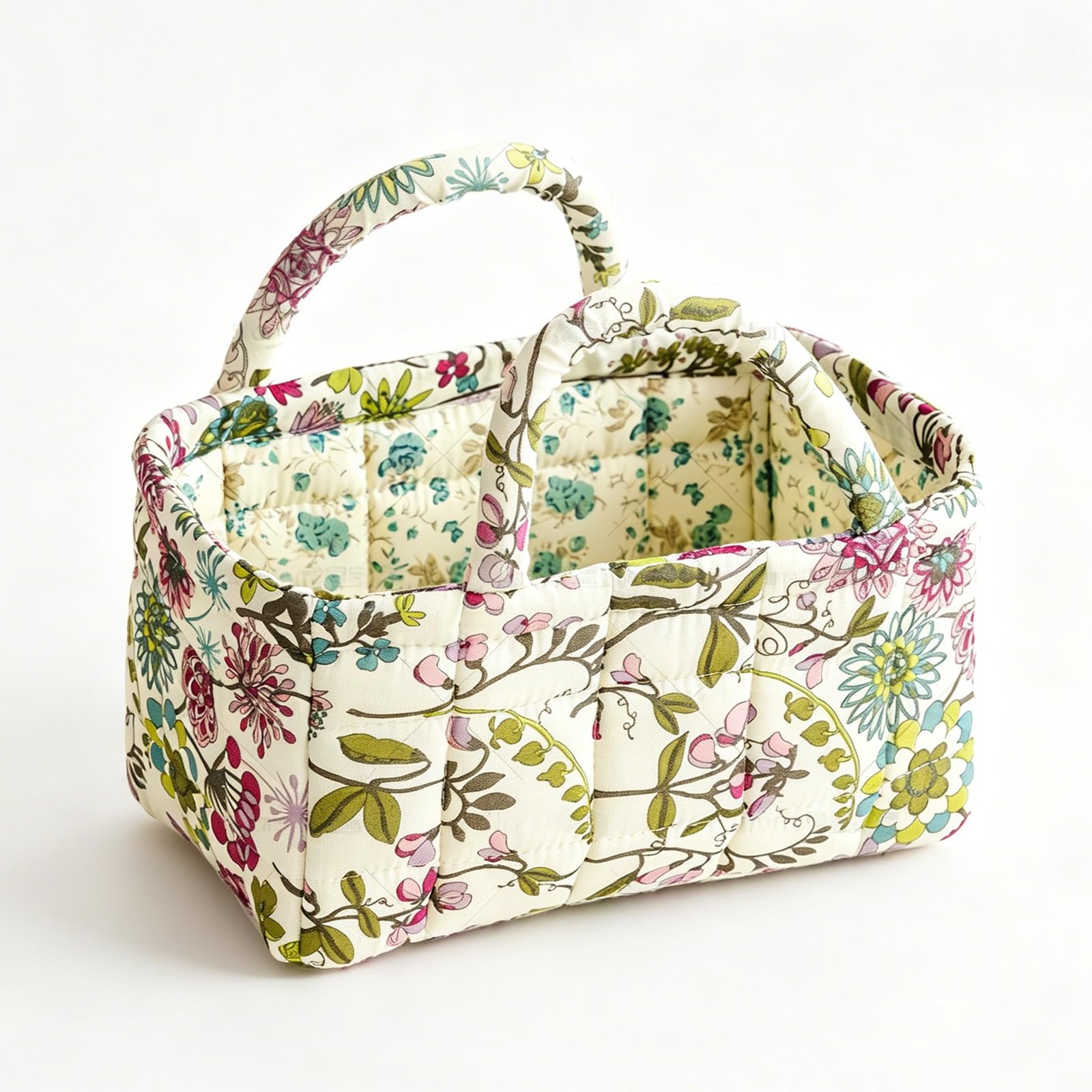 3L Floral Quilted Fabric Storage Basket, Portable Small Organizer Bin with Double Handles, Collapsible Cotton Makeup Basket for Bathroom Desktop Cosmetic Sundry Home Storage(10)