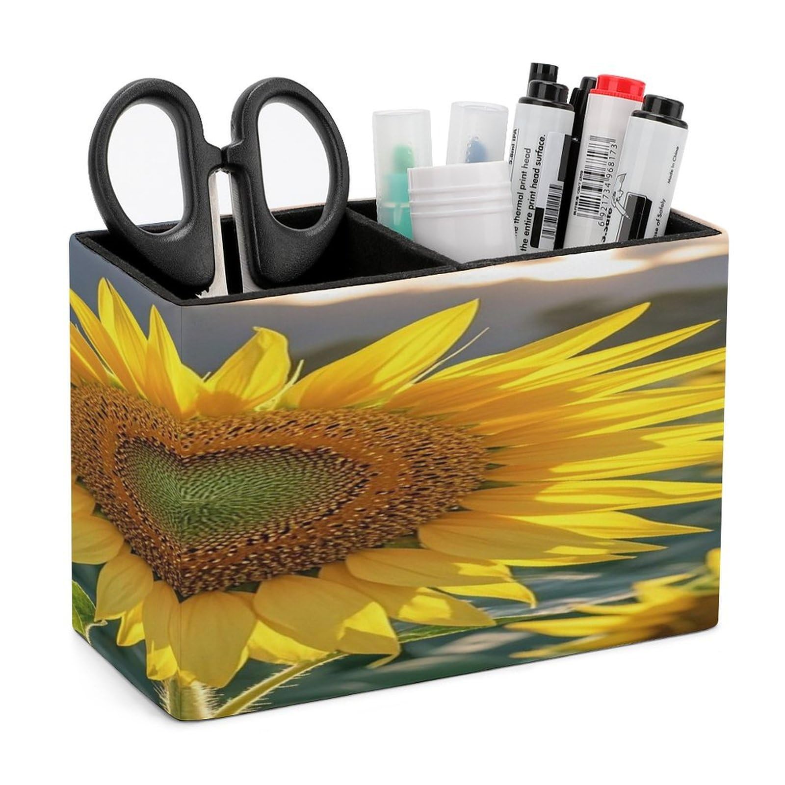 LZQPOEAS The Most Beautiful Sunflower Leather Pen Holder with 2 Compartments Luxury Pencil Holder Minimalist Pencil Cup Brush Scissor Holders Elegant Pen Cup for Office Home Desk Accessories