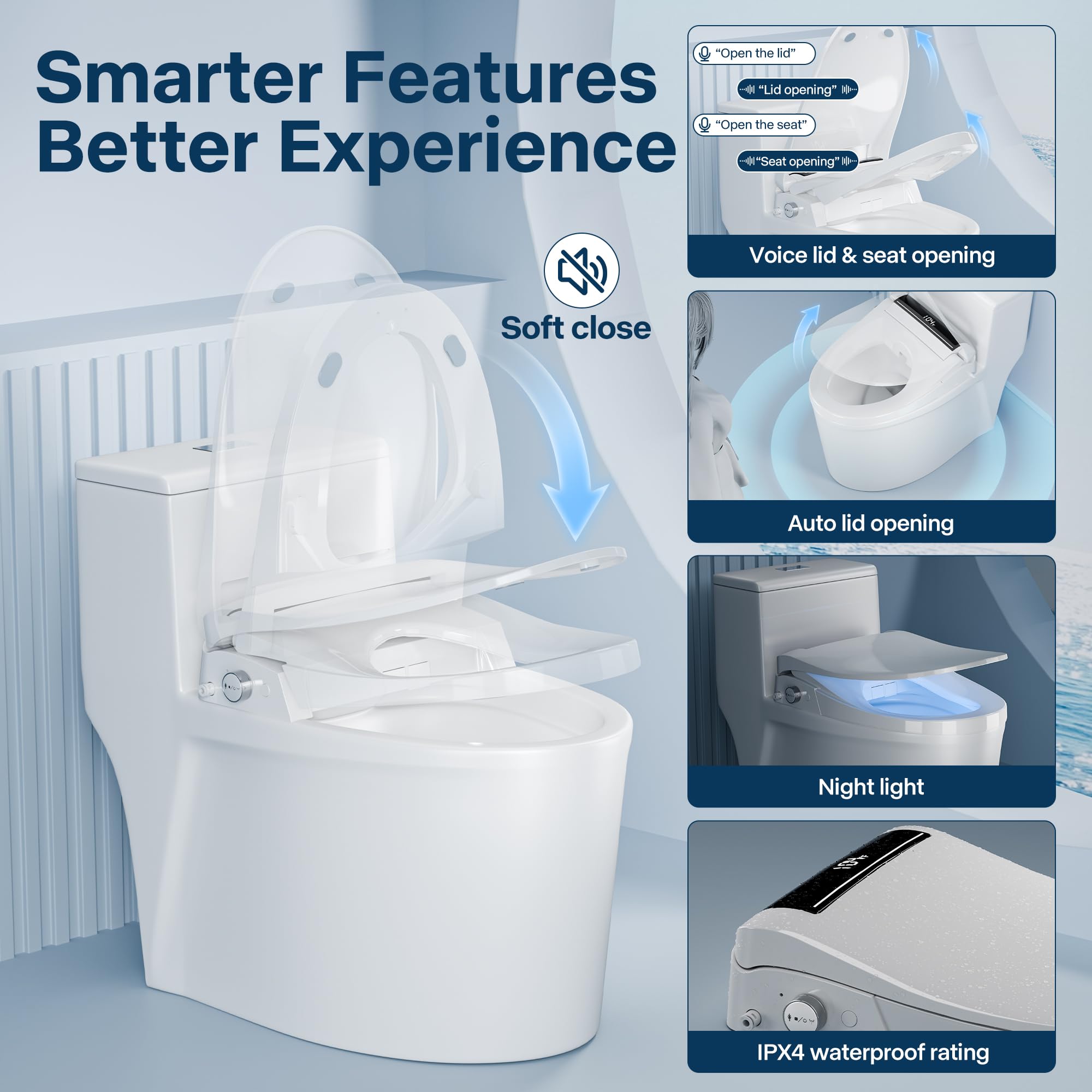 Sedile WC con scudo a bolle, bidet elettrico riscaldato con acqua calda senza fine, con asciugatrice, coperchio e sedile con apertura automatica, display temperatura LED, sedile bidet
