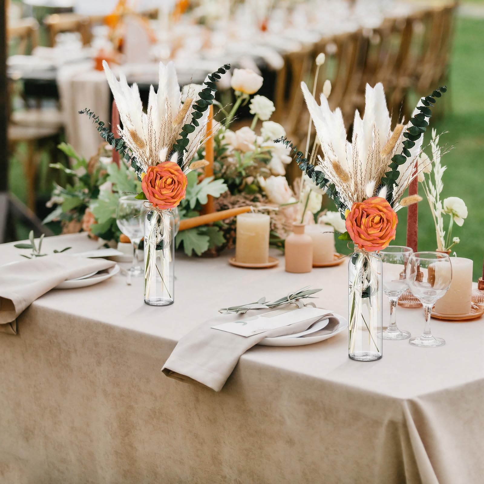 Qinyoung Lot de 10 herbes de la pampa séchées pour mariage, fête prénatale, fête, 10 pots de fleurs en verre, 10 roses artificielles, 80 herbes de pampa séchées avec corde pour décoration rustique de