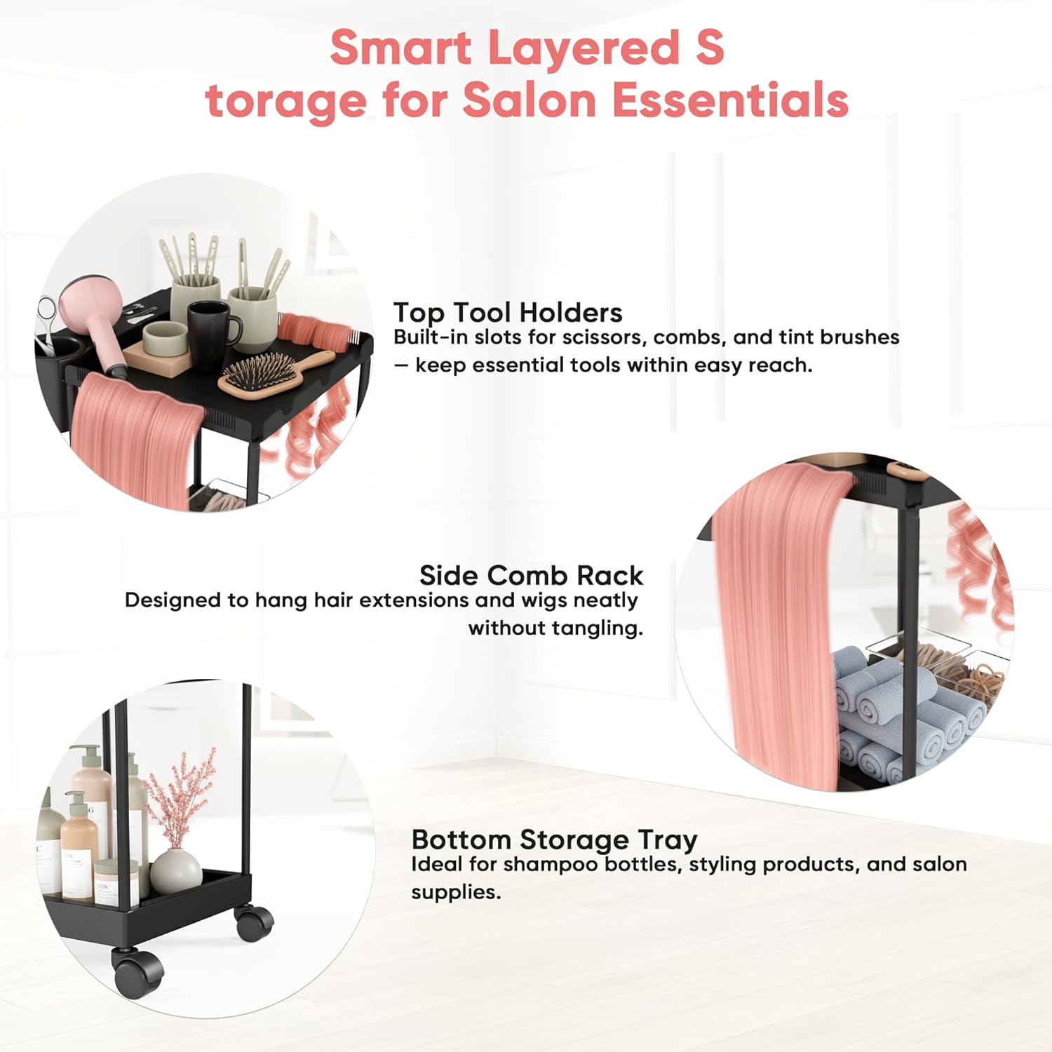 Hair Extension Organizer Cart - Professional Salon Storage Trolley with Wheels, Rolling Hair Tool Cart with Trays & Holders for Hair Extensions, Styling Tools and Accessories
