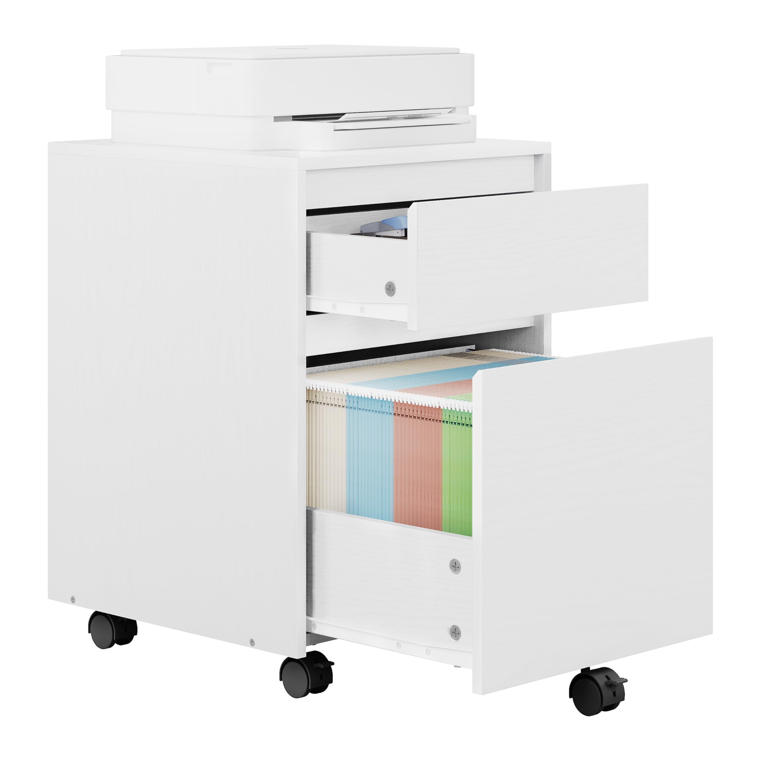 WOLTU Caisson de Bureau avec 2 Tiroirs, Armoire à Dossiers sur roulettes, Meuble de Rangement pour Documents A4, en Bois d'ingénieur PB, Blanc, 40x40x56cm,ASK11ws