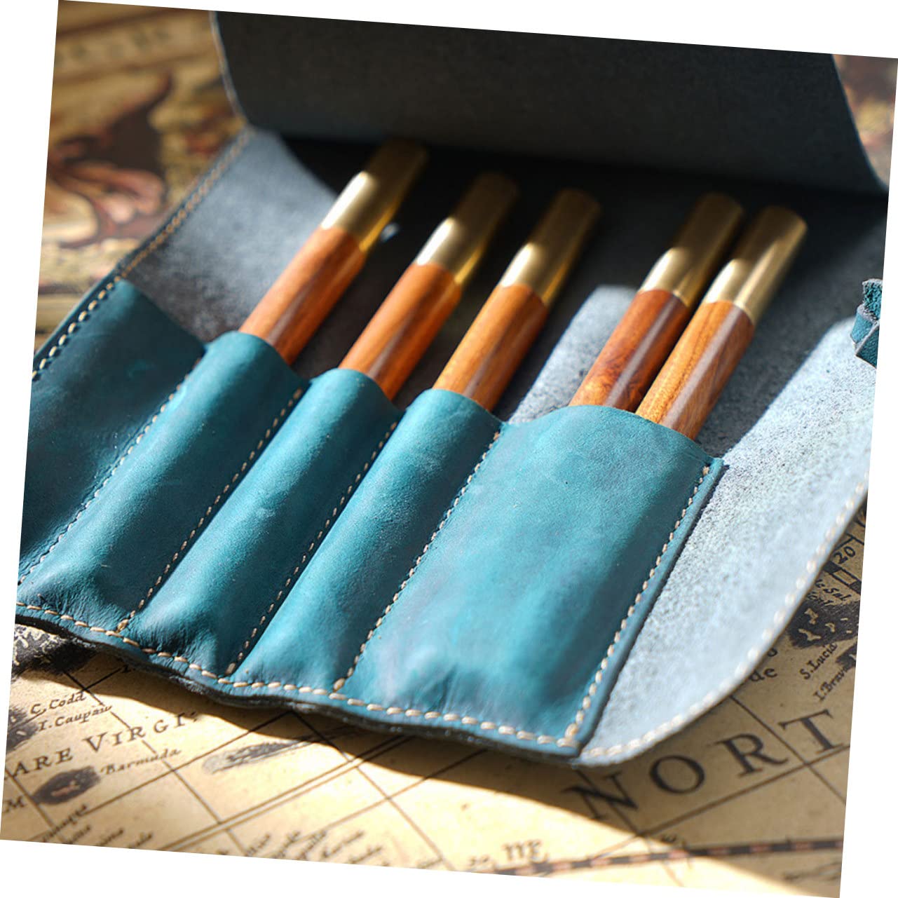 Estuche para Lápices de Cuero Azul Estilo Vintage Retro