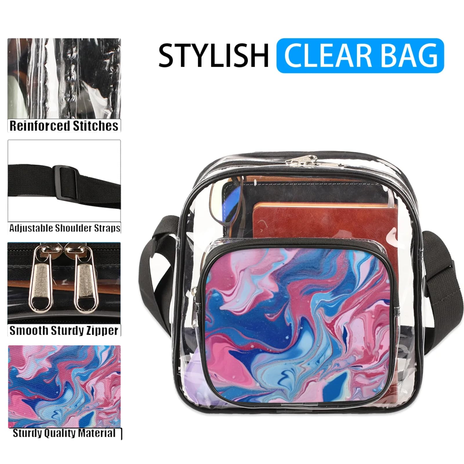 Clear Crossbody Bag Stadium Approved Colorful Marble Ink Transparent Bag for Festivals, Sports Events, Concerts,Beach Bag for Women Men Clear Purse with Front Pocket Messenger Bag