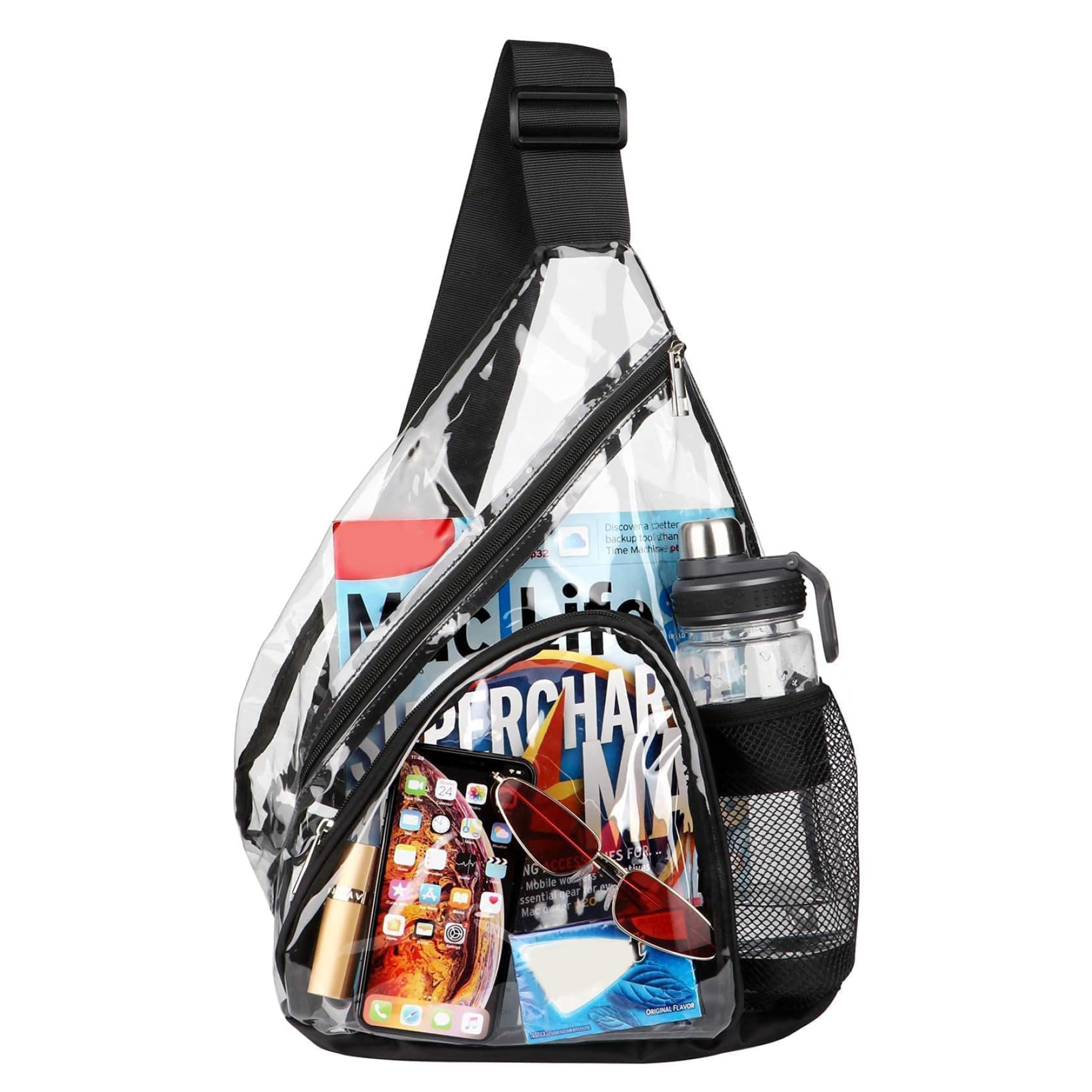 Sac à écharpe Transparent Stadium Approuvé Hommes Femmes PVC Sac à Poitrine Clear épaule Sac à Dos avec Poche de Bouteille d'eau et Sangle réglable pour Les Sacs d'épaule du Stade de Concert