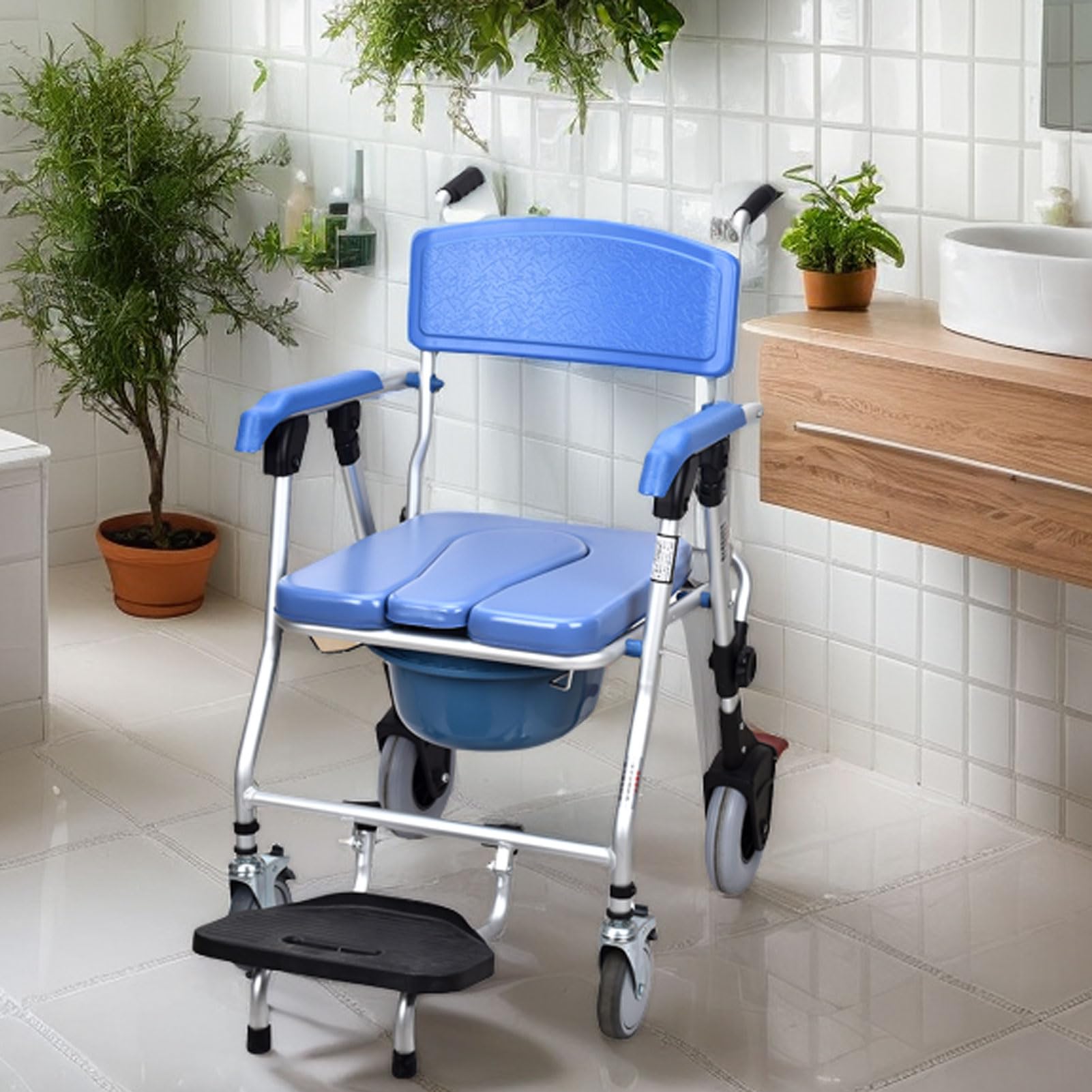 Silla Ducha WC con Ruedas y Pies Abatibles, Silla WC Portátil para Personas Mayores, 4 en 1 Silla con Inodoro Incorporado, Silla de Ruedas Ducha - Silla de baño geriatrica