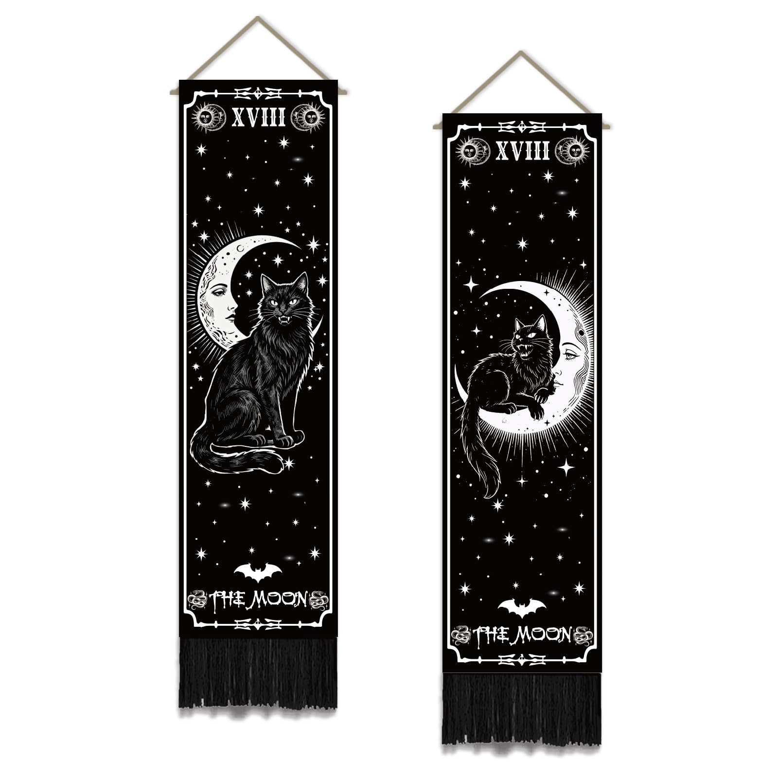 SUPERDANT 2Pcs Gothic Vertical Tapestry Black Moon Phase Tarot Wall Hanging 51x13 Inch/130x33cm Long Narrow Wall Decor For Entryway Bedroom Office Polyester Black