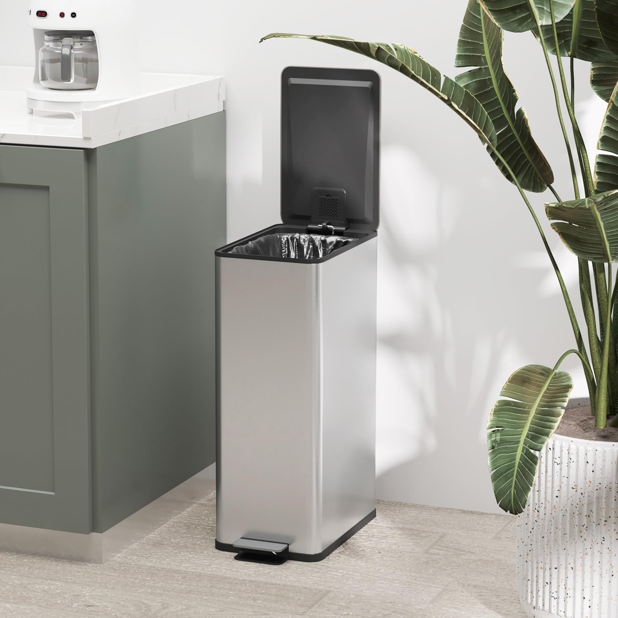 HOMCOM Mülleimer 20 L mit Softclose-Deckel Pedal 21,5 x 37,2 x 57cm Silber | Treteimer, Abfalleimer inkl. Inneneimer, Abfallsammler, Edelstahl, für Bad Schlaf- oder Wohnzimmer