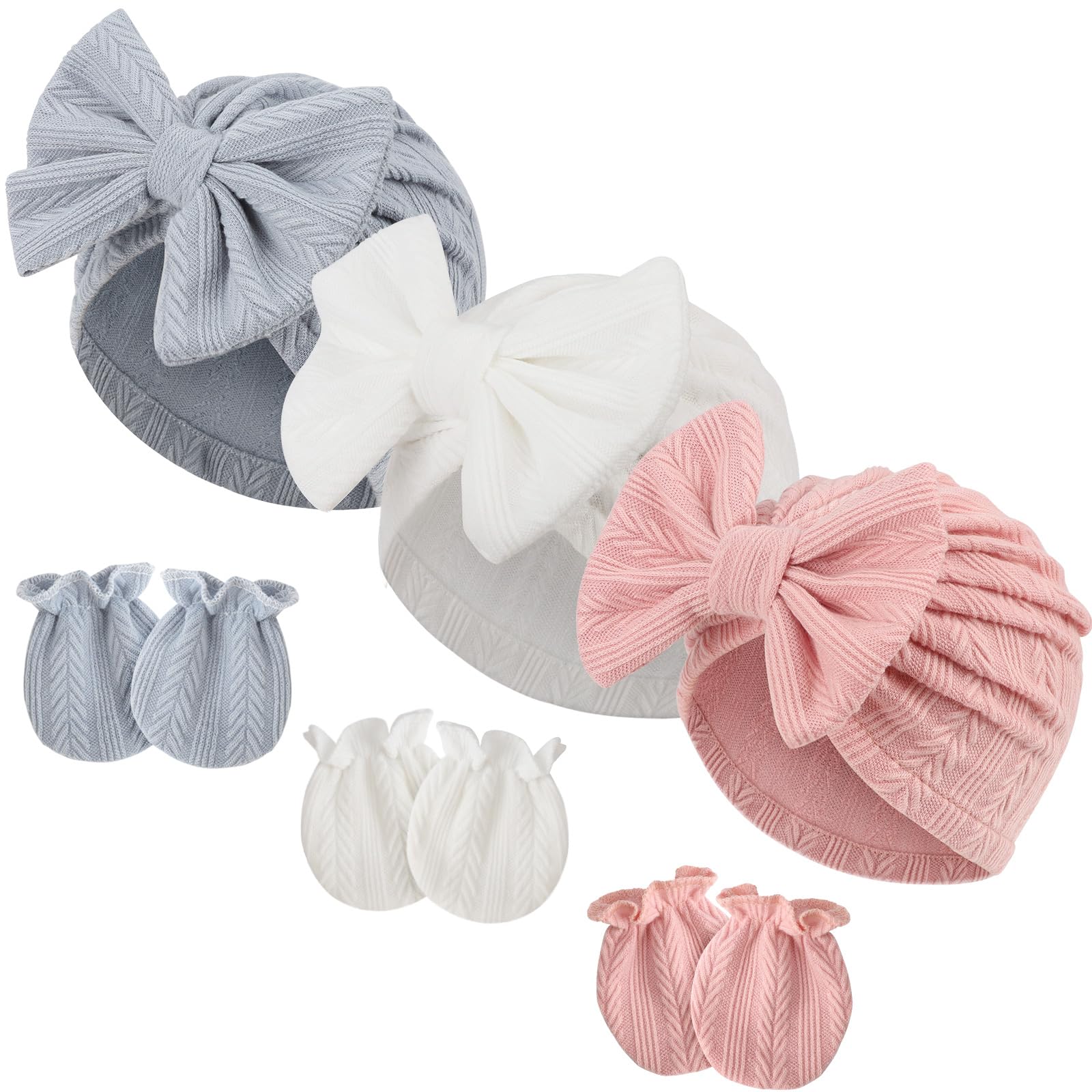 BQUBO Newborn Girls Hats Baby Hat and Mittens Set Infant Caps Bow Hospital Beanie with No Scratch Mittens for Baby Boys Girls