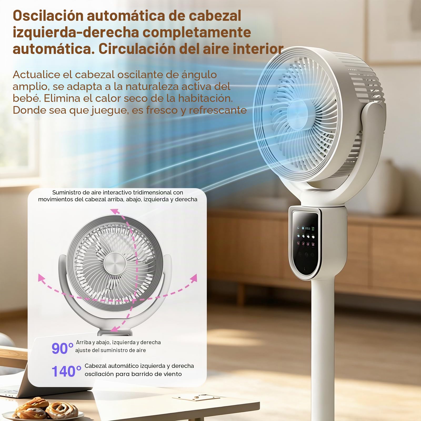 WIWOLER Ventilador de Pie Silencioso con Mando, Inalámbrico, 4 Alturas 110cm, Motor DC 30dB, 10 Velocidades, 80° Auto+90° Manual, Temporizador 10H, Luz 3 Niveles, Aromaterapia, Dormitorio Salón