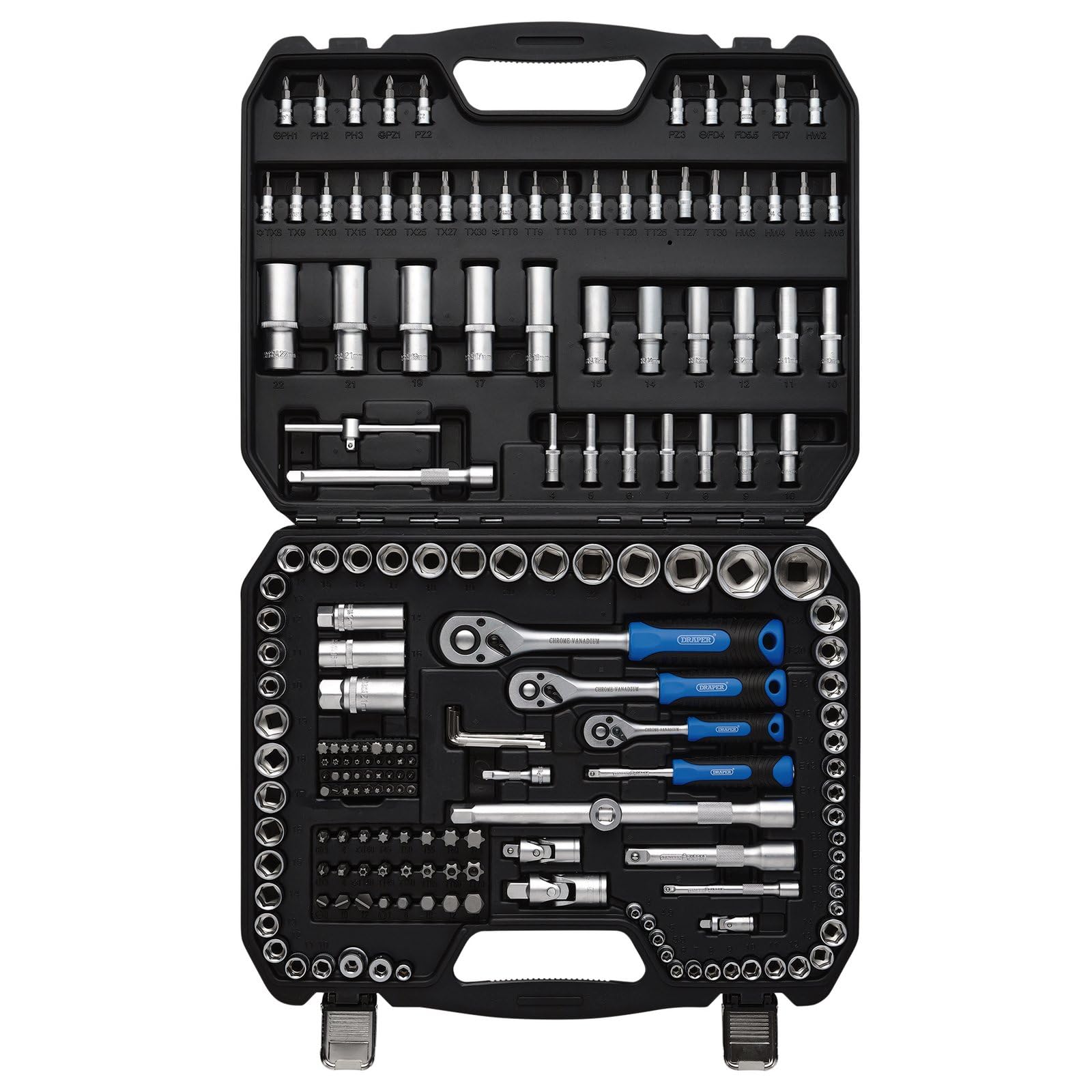 Draper 24231 HI-TORQ® Set di chiavi a bussola metriche e punte, 1/4", 3/8" e 1/2" quadrato Dr. (188 pezzi)