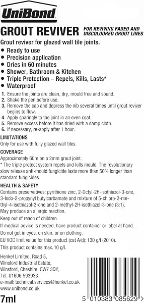 Unibond Grout Reviver Pen, White Grout Pen for Bathroom Grout Joints, Easy to Use Tile Grout Pen, Whitener for Restoring Discoloured & Faded Joints, 1x7ml - 2