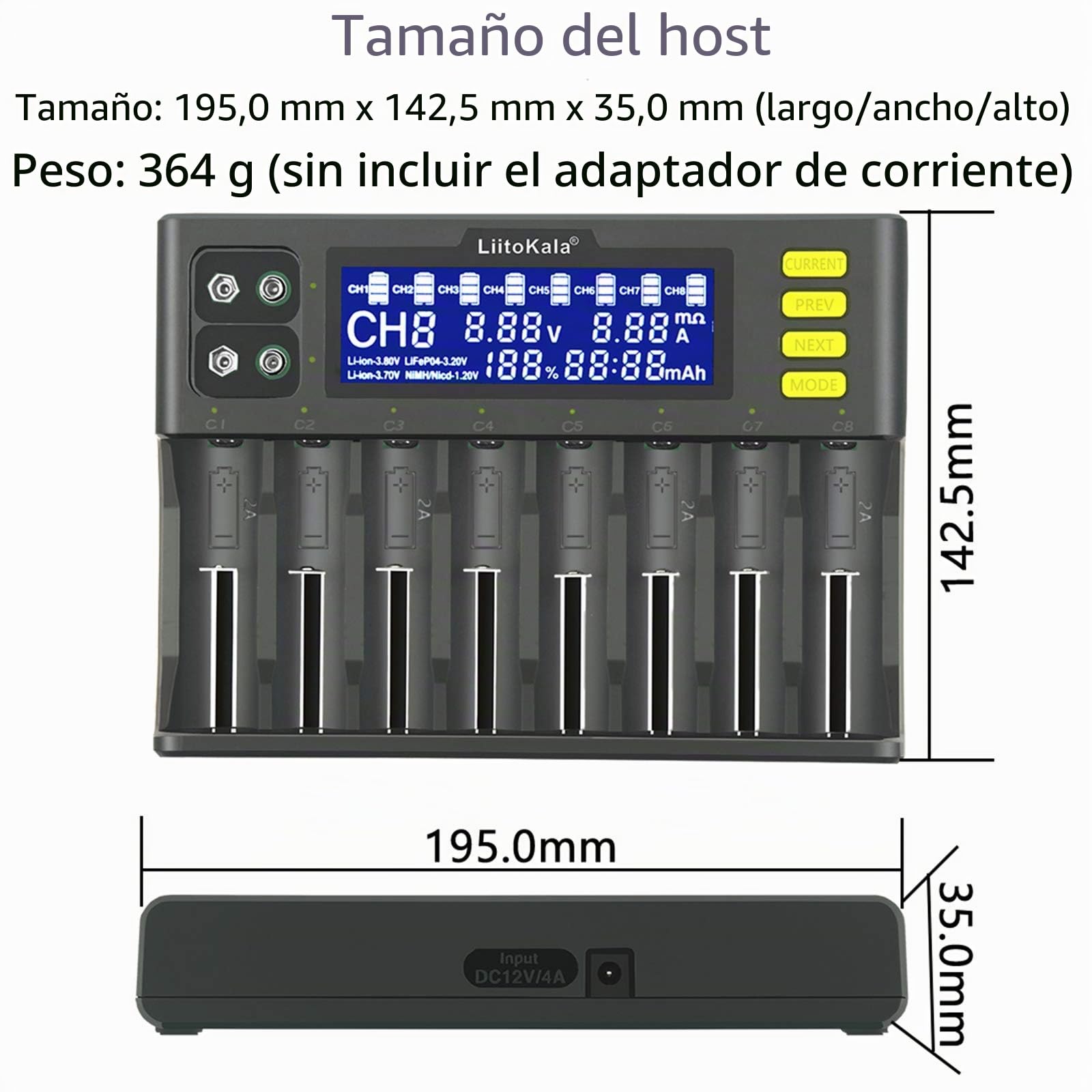 Docooler Cargador de Batería Lones de Litio de 3,7 V / 3,8 V IMR de 3,2 V Batería Ni-MH de 1,2 V LiitoKala LII-S8 para 18650 26650 21700 26700 AA AAA