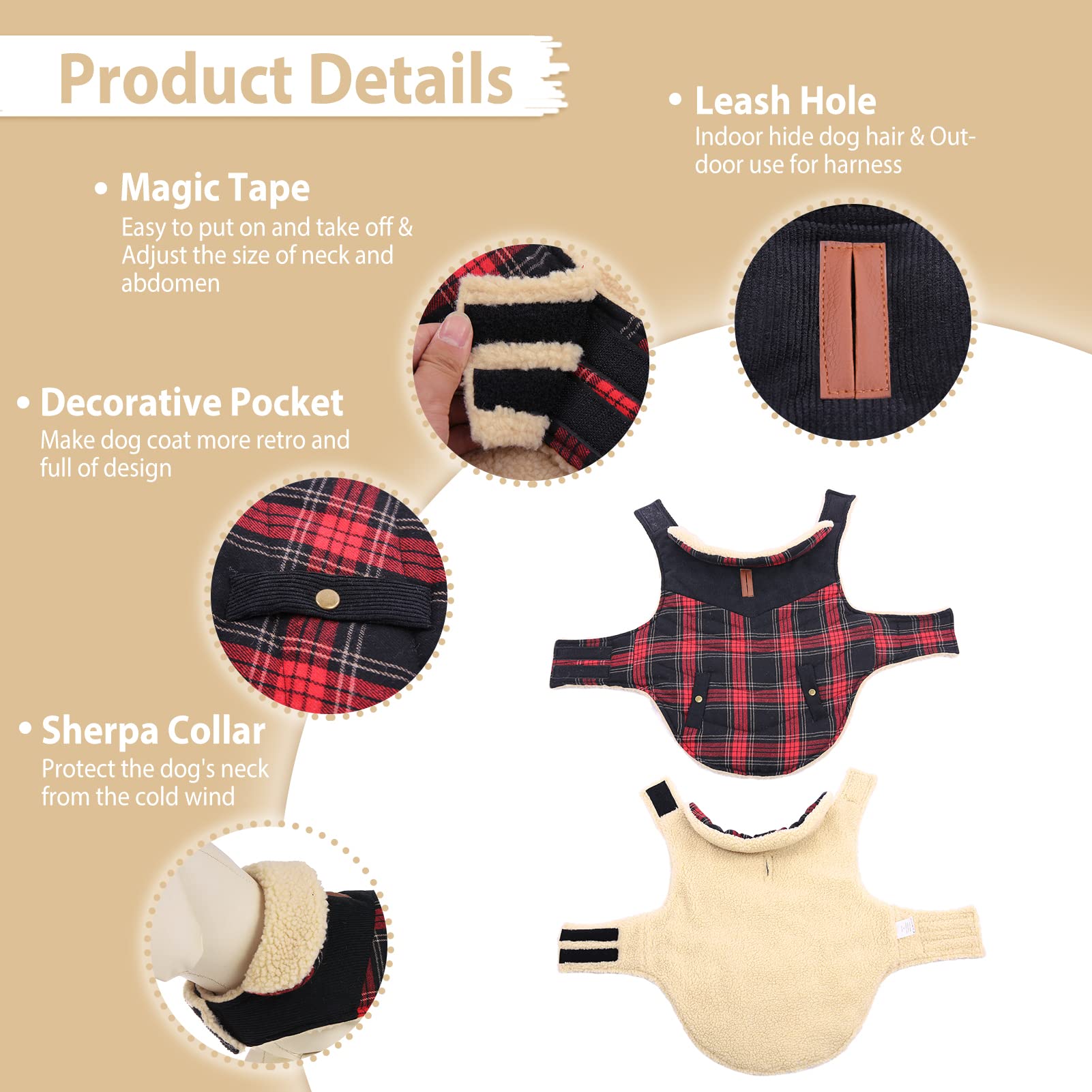 CITÉTOILE Cappotto Cani Invernale Plaid Classico, Cappotto per Cani Fodera in Pile, Giubbotto Caldo per Cani di Taglia Piccola/Grande/Media Gilet Invernale per Cani con Foro per Imbracatura, XS