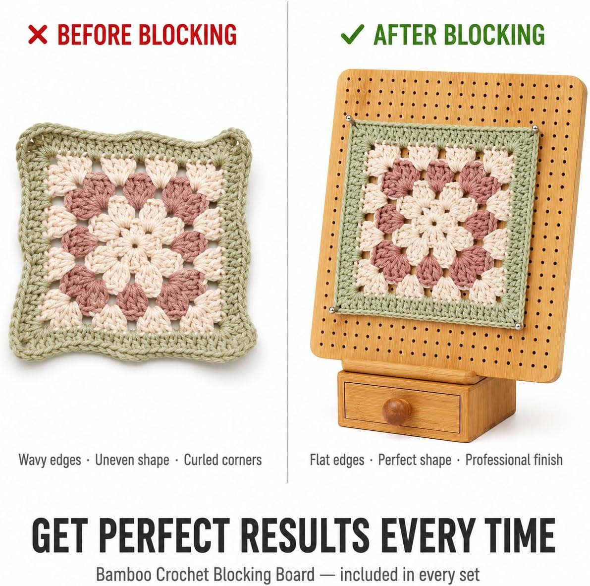 Crochet Blocking Board - 11.8" Bamboo Blocking Mat with 10 Pins, Stand & Storage Box - Foldable Blocking Board for Granny Squares, Knitting & Crochet Gifts