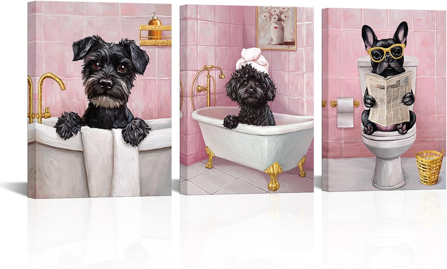Nachic Wall Funny Bathroom Wall Art Lovely Dog Painting Canvas Prints Set of 3 (Pink)
