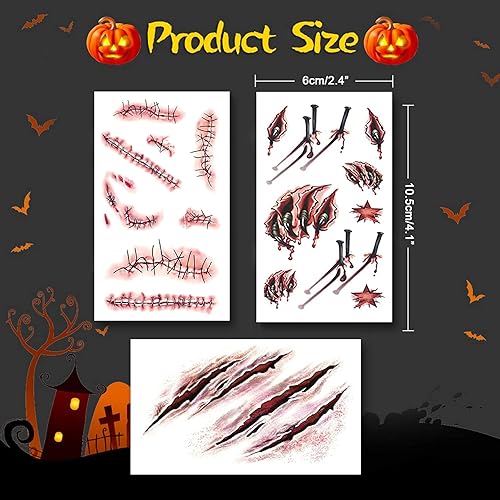 Miniatura 2 de YUERWOVER 89 hojas de cara, cuerpo, terror, realista, falsa, punto de herida, cicatrices, costra, impermeable, tatuajes temporales, calcomanías de