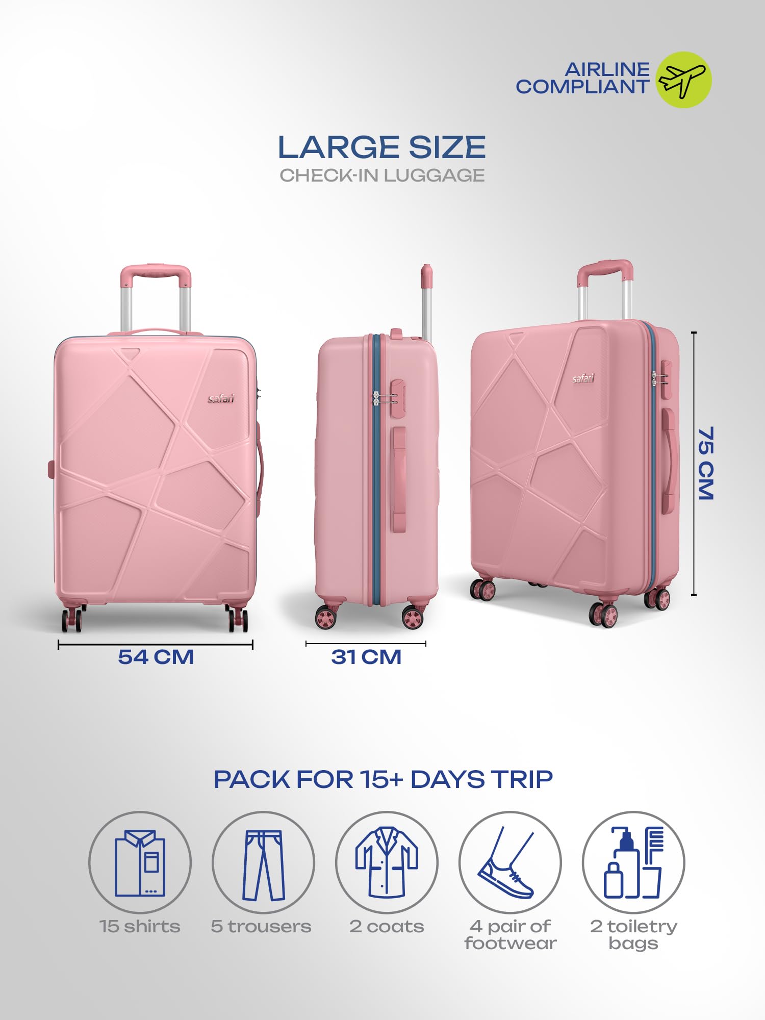 Safari Pentagon Pro 8 Wheels 75cm Large Size Trolley Bag, Hard Case Polypropylene, 360º Wheeling Small Check in Luggage, Suitcase for Travel, Trolley Bags for Travel, Rose Gold — Amazon image 6