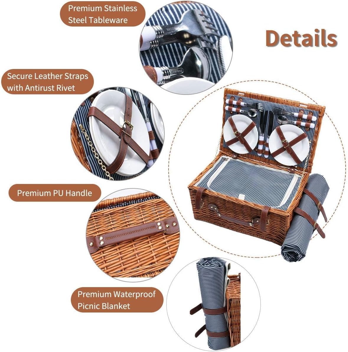Cestino da Picnic in Vimini per 4 Persone con Scompartimento Isotermico, Coperta da Picnic Impermeabile e Kit di Posate, Cestini PIC Nic per Campeggio, Escursioni, Barbecue e Regali Famiglie